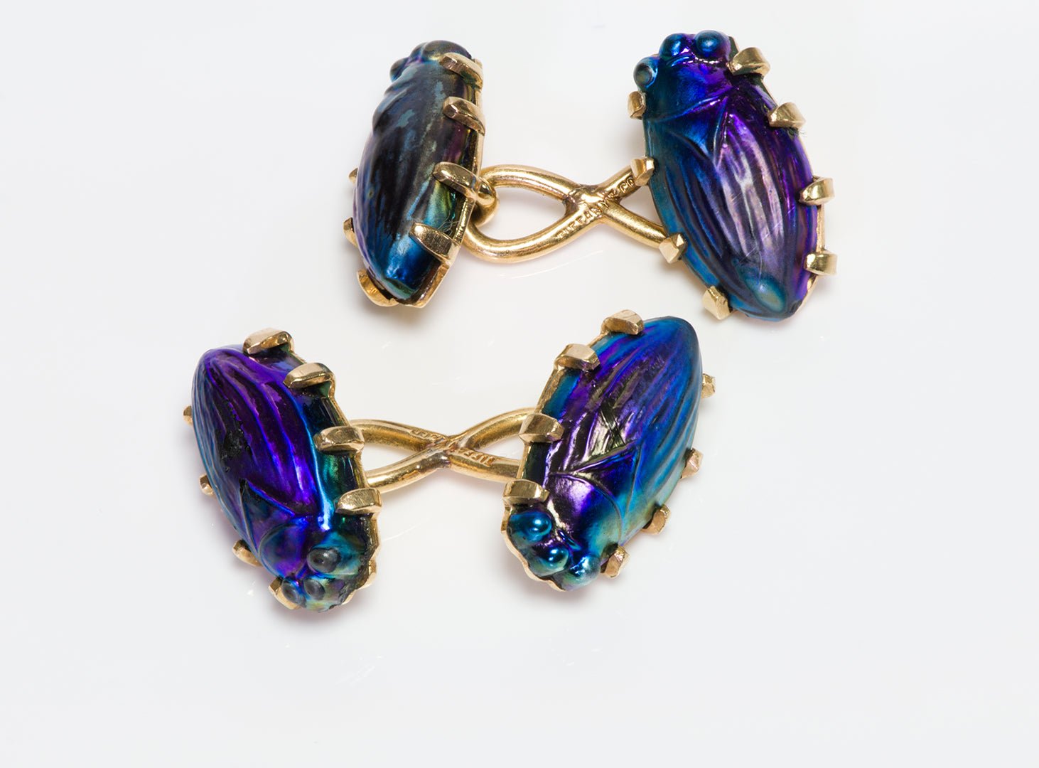 Rare Antique Tiffany & Co. 18K Gold Favrile Iridescent Glass Scarab Cufflinks