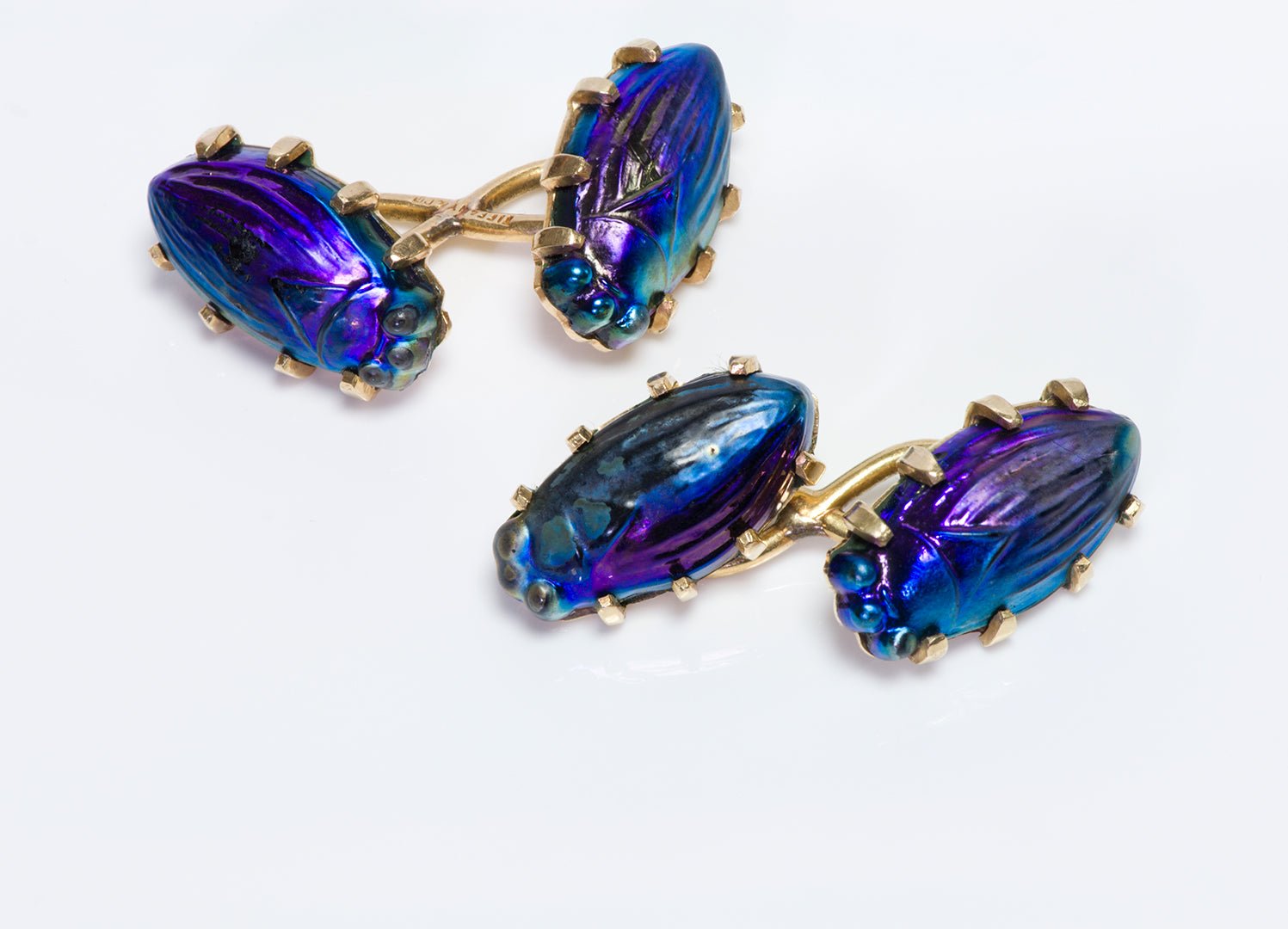 Rare Antique Tiffany & Co. 18K Gold Favrile Iridescent Glass Scarab Cufflinks