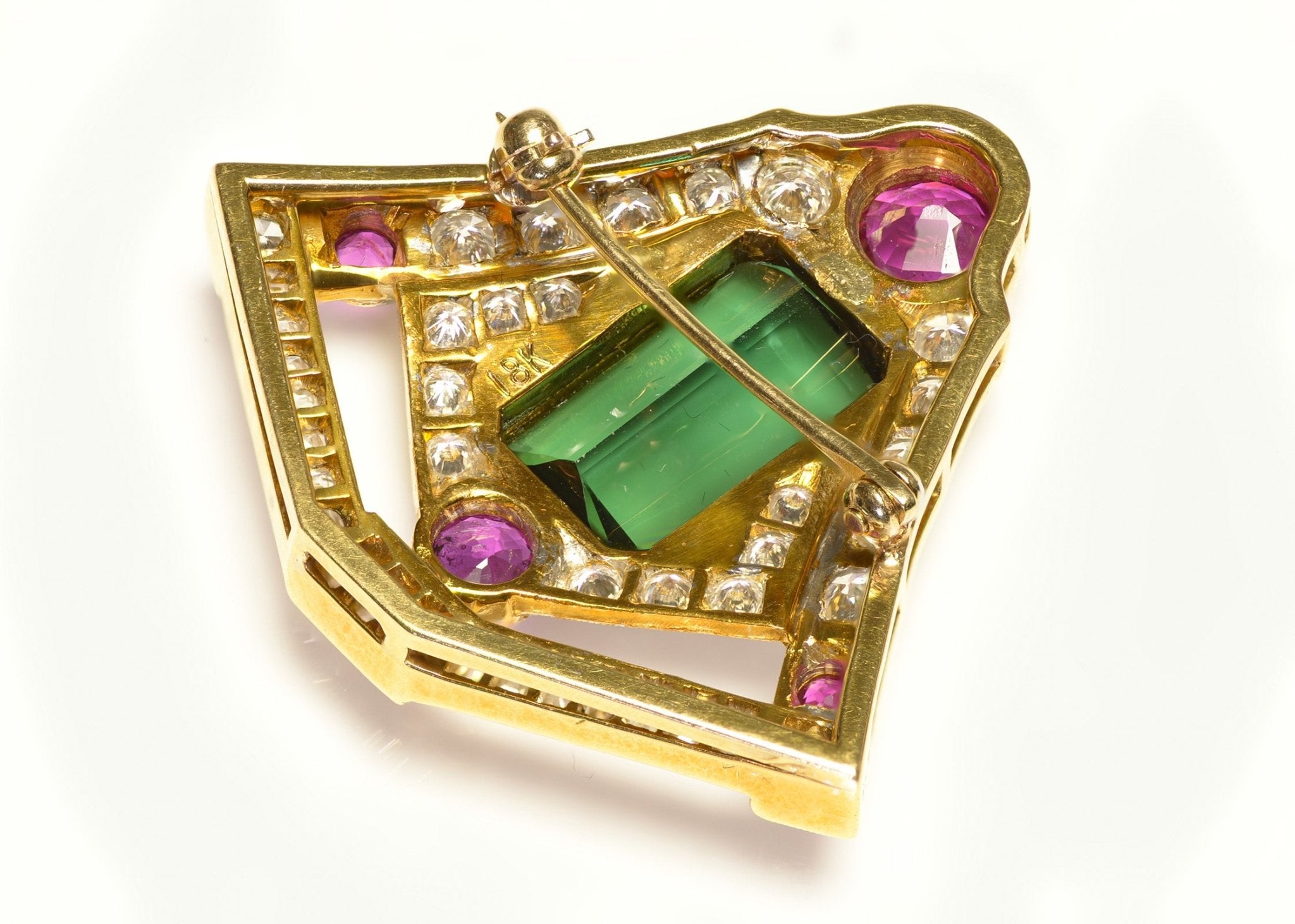 Red Green Tourmaline Diamond 18K Gold Brooch