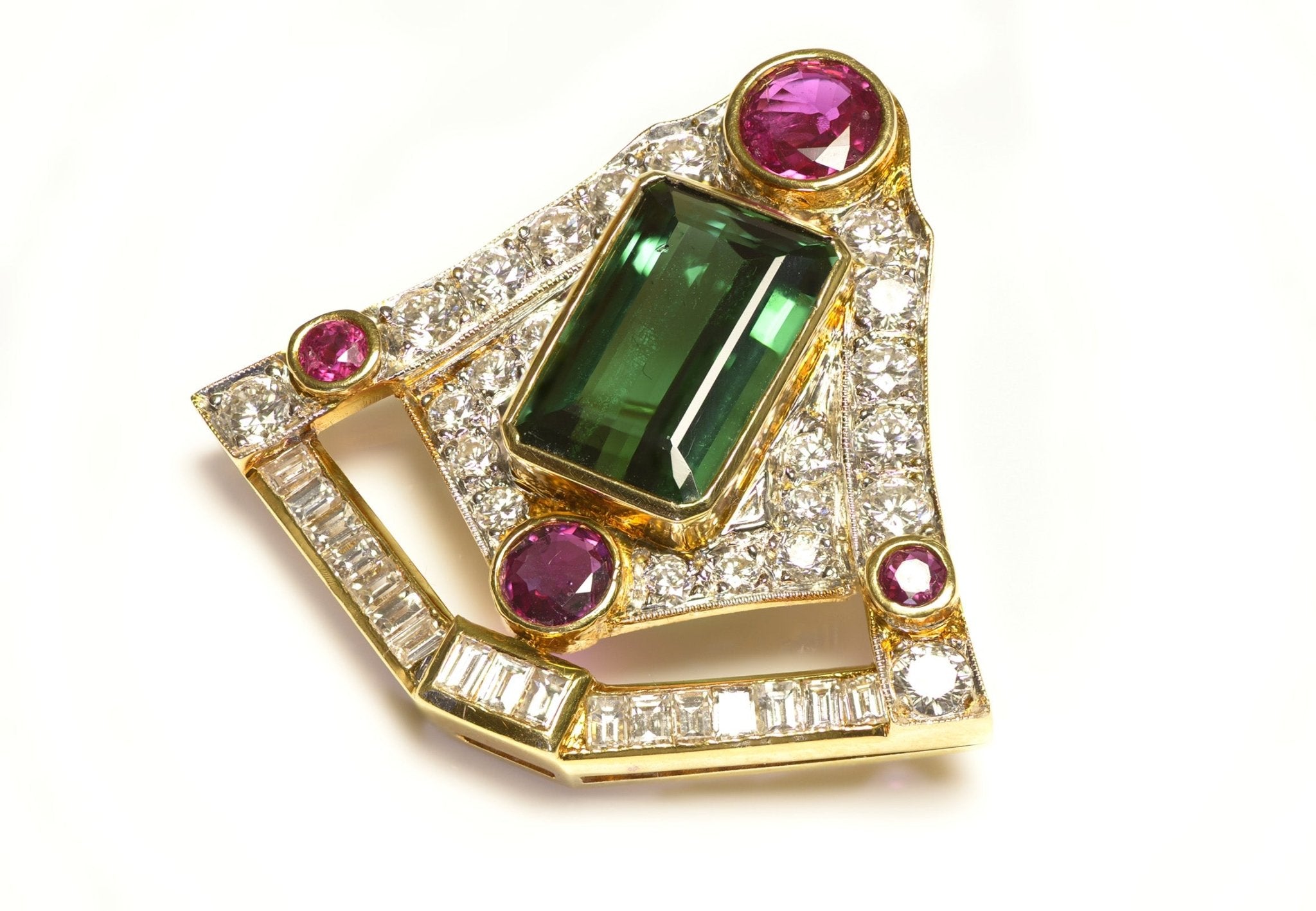 Red Green Tourmaline Diamond 18K Gold Brooch