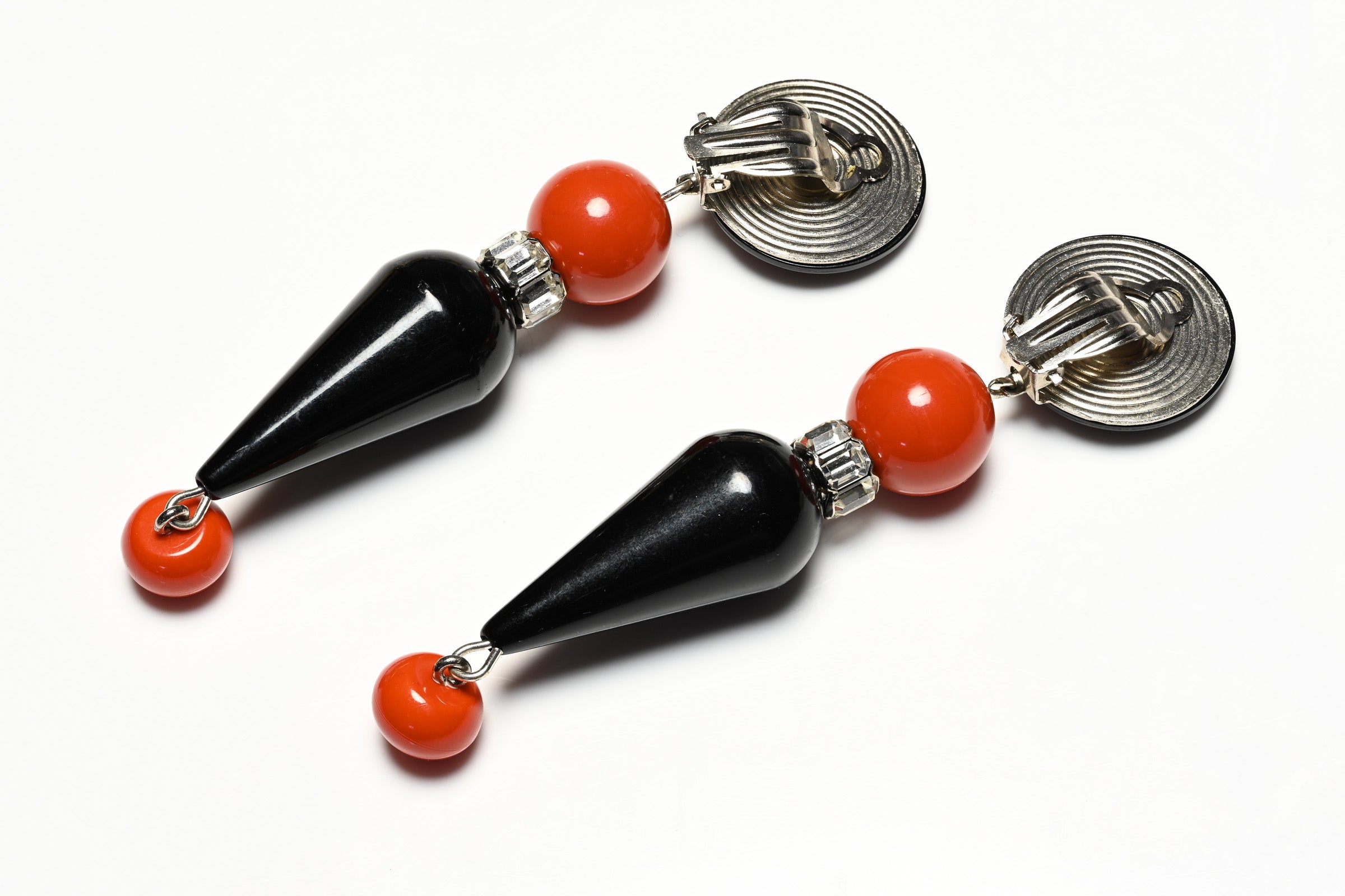 Vintage French Art Deco Style Long Black Resin Beads Earrings