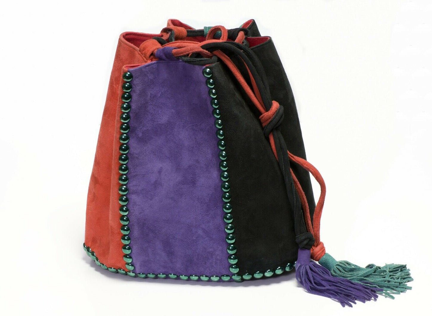 Renaud Pellegrino Paris Black Purple Green Suede Studded Drawstring Bucket Bag