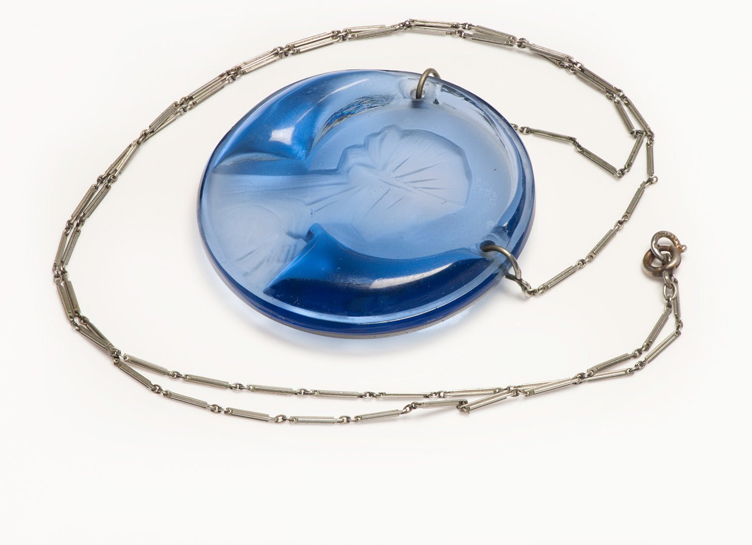 Rene Lalique Silver Blue Glass Lady Pendant