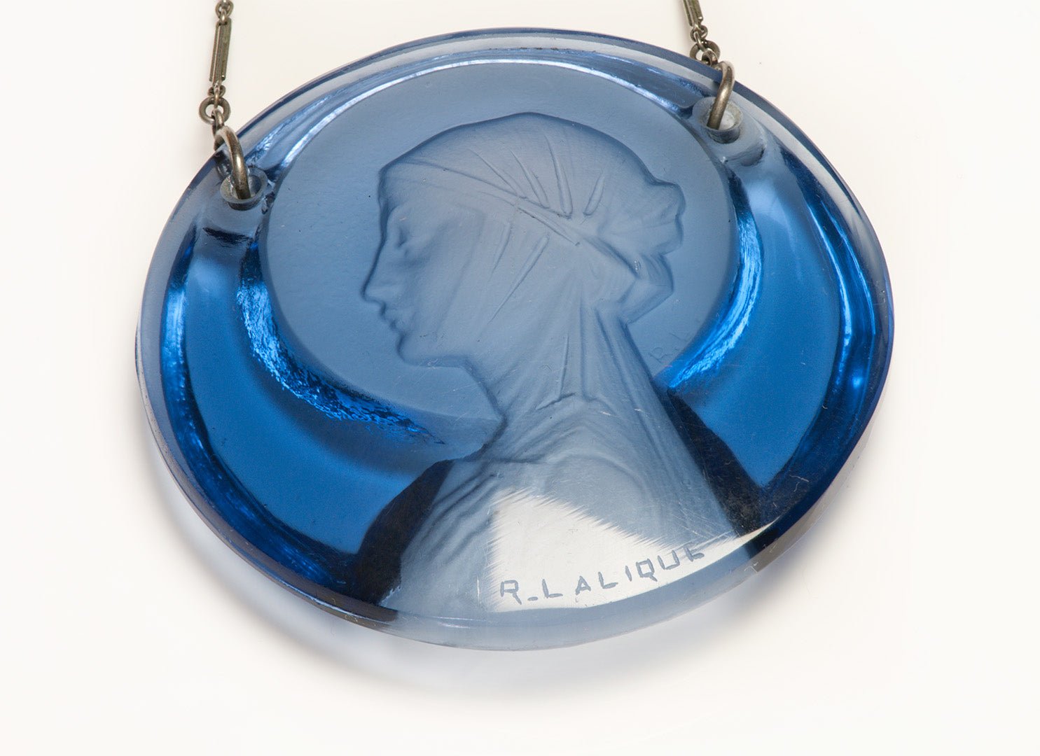 Rene Lalique Silver Blue Glass Lady Pendant