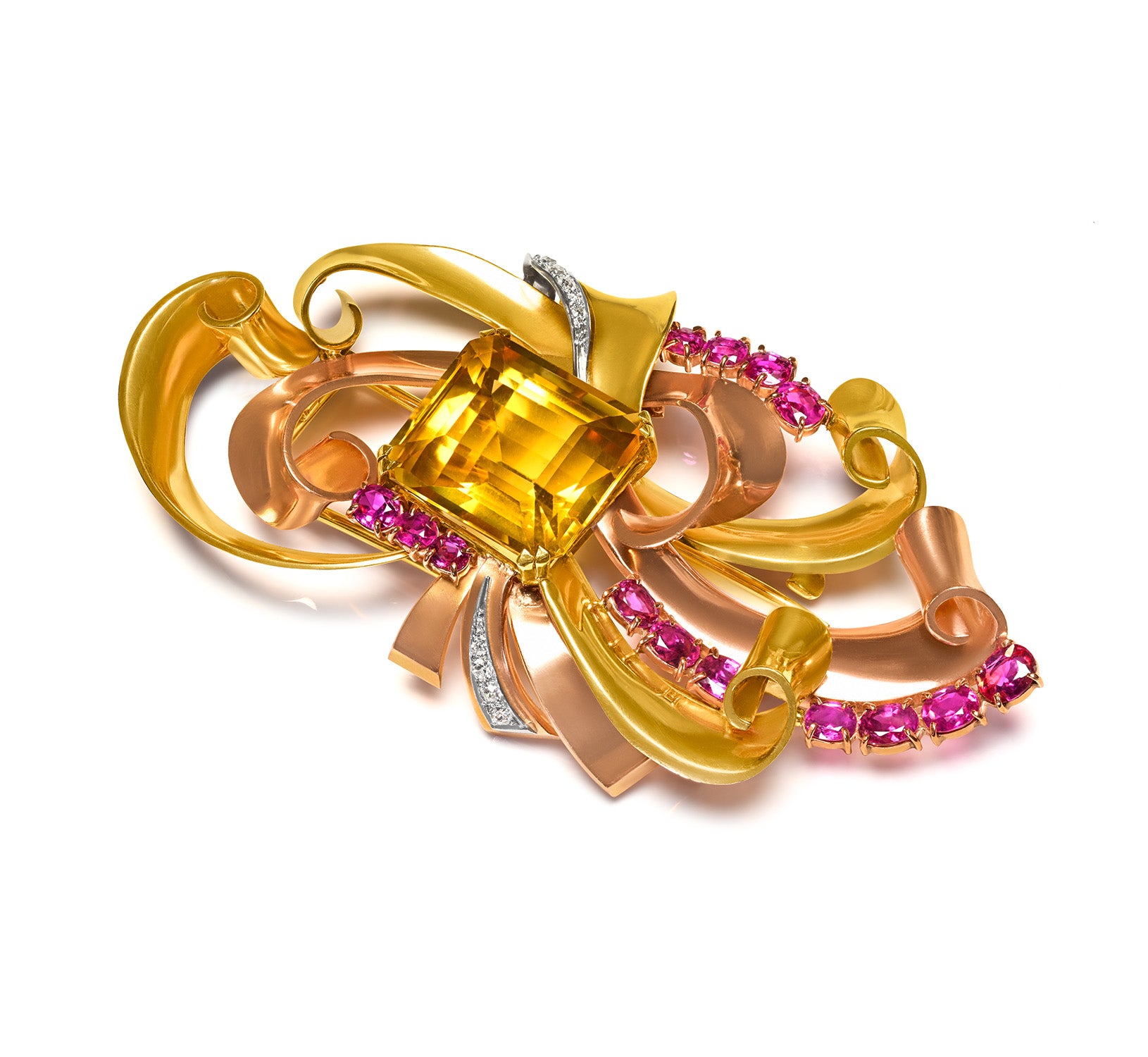 Retro Gold Brooch with Citrine, Rubies, and Diamonds