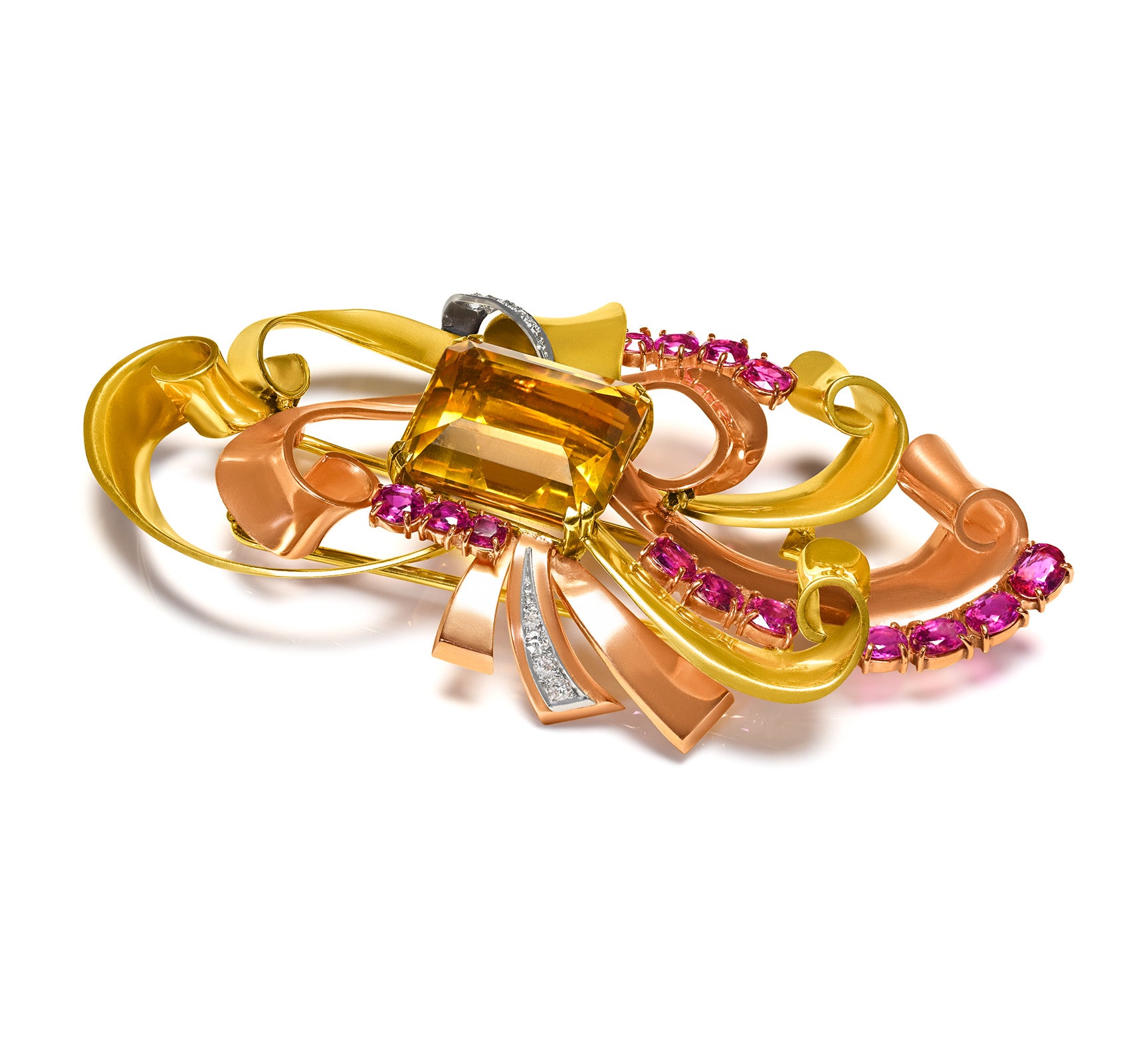 Two-Tone Retro Gold Brooch with Citrine, Rubies, and Diamonds