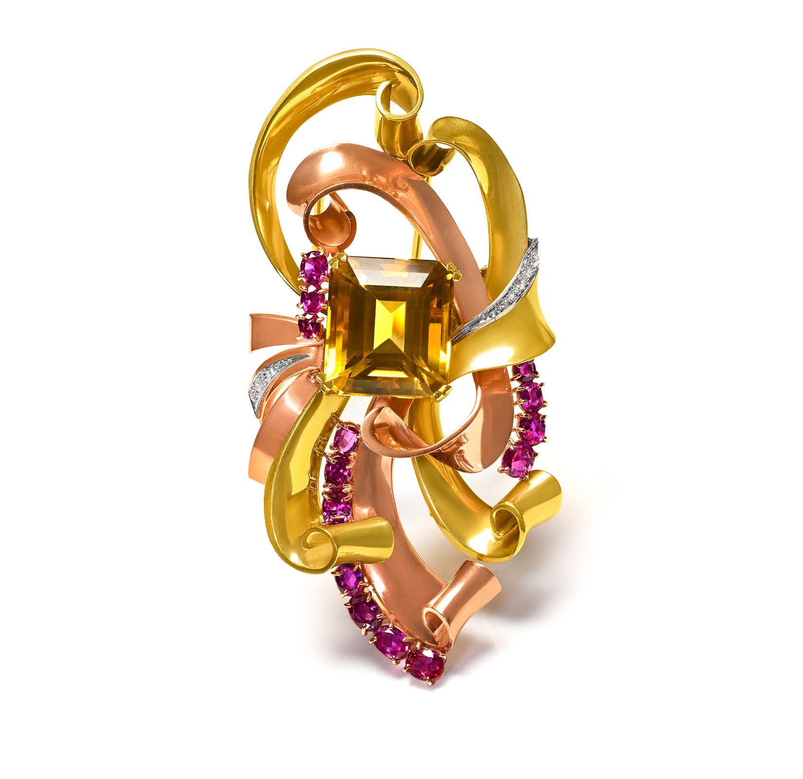 Retro Gold Clip Brooch with Citrine, Rubies, and Diamonds