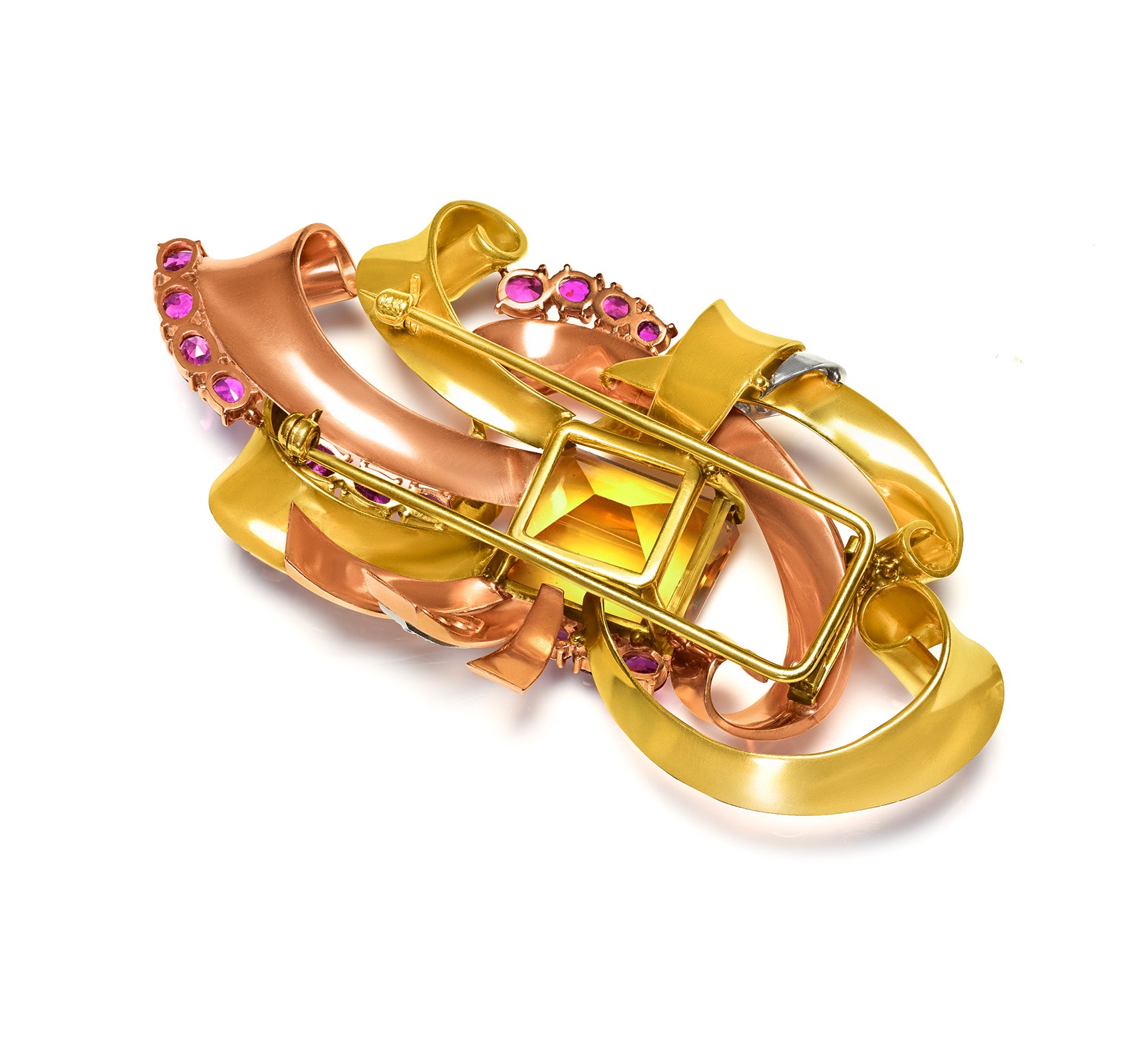 Retro Gold Brooch with Citrine, Rubies, and Diamonds