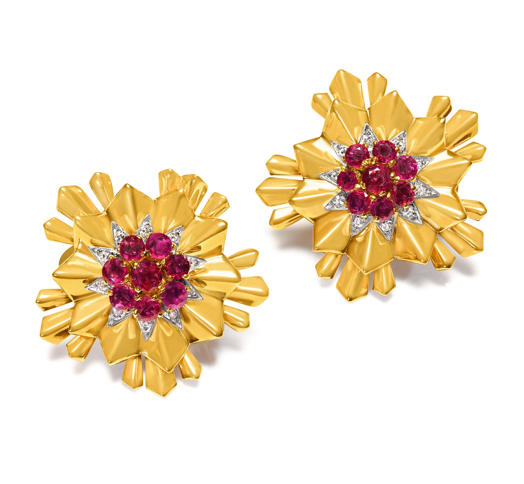 Retro Gold Ruby Diamond Starburst Earrings