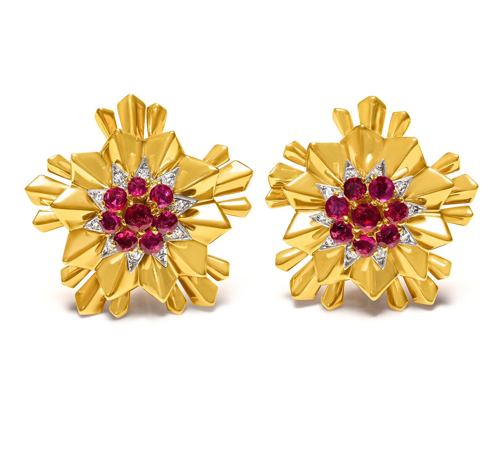 Retro Gold Ruby Diamond Starburst Earrings