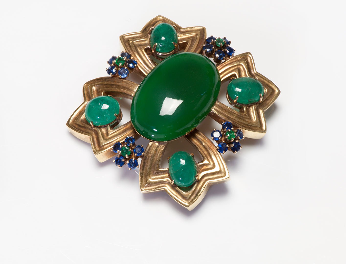 Robert Wander 18K Gold Green Onyx Emerald & Sapphire Pendant Brooch