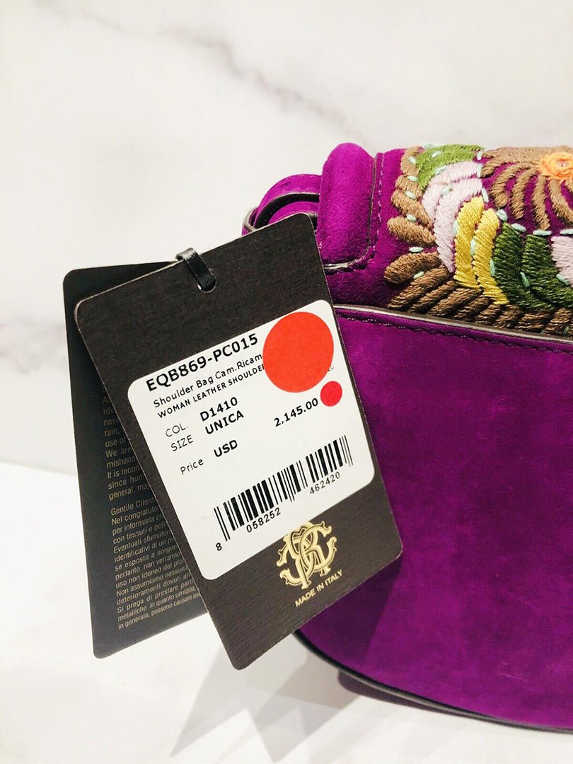 Roberto Cavalli Purple Suede Embroidered Crossbody Bag
