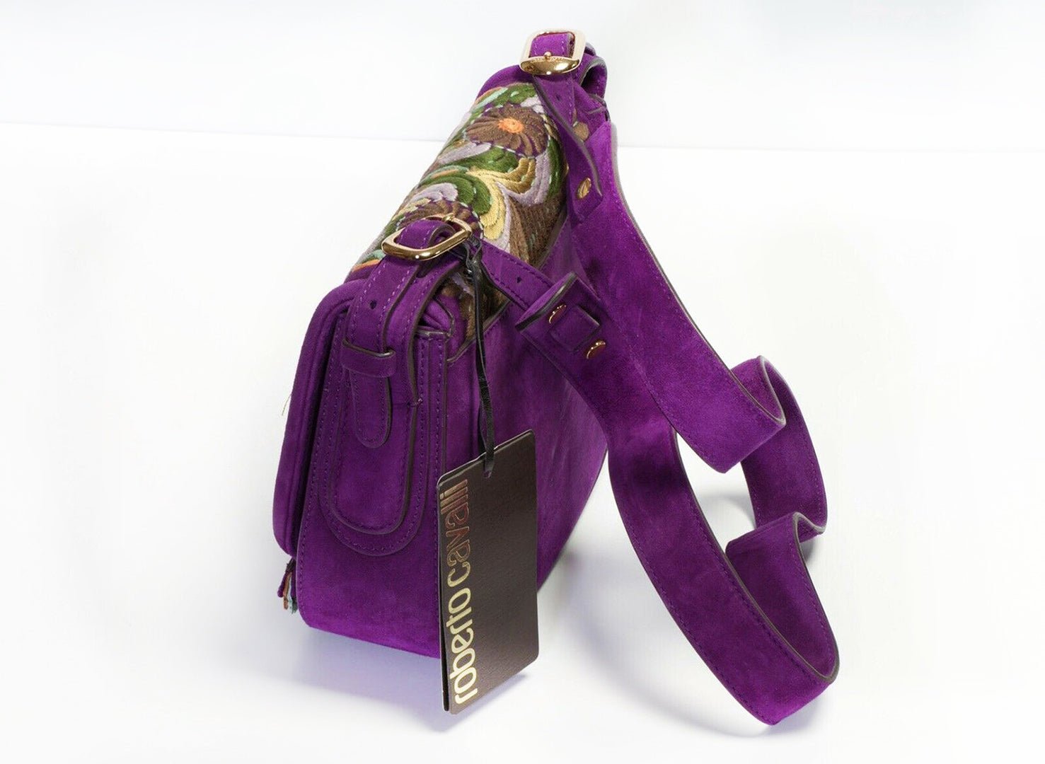 Roberto Cavalli Purple Suede Embroidered Crossbody Bag