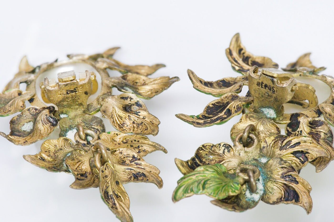 Roger Jean-Pierre 1950’s Depose Green Enamel Leaf Pearl Earrings