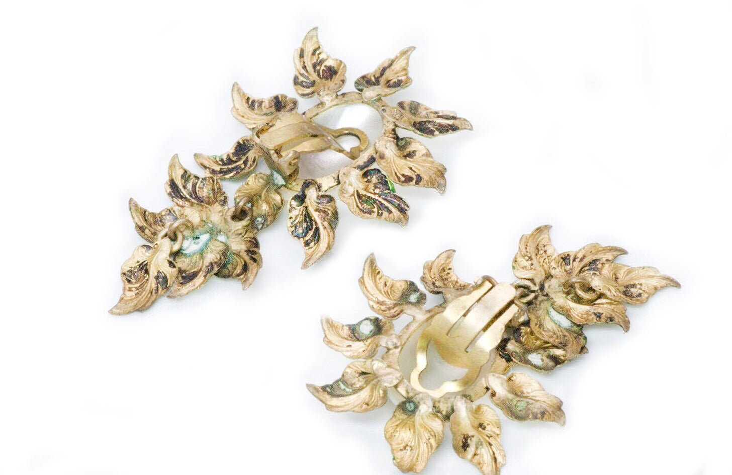Roger Jean-Pierre 1950’s Depose Green Enamel Leaf Pearl Earrings