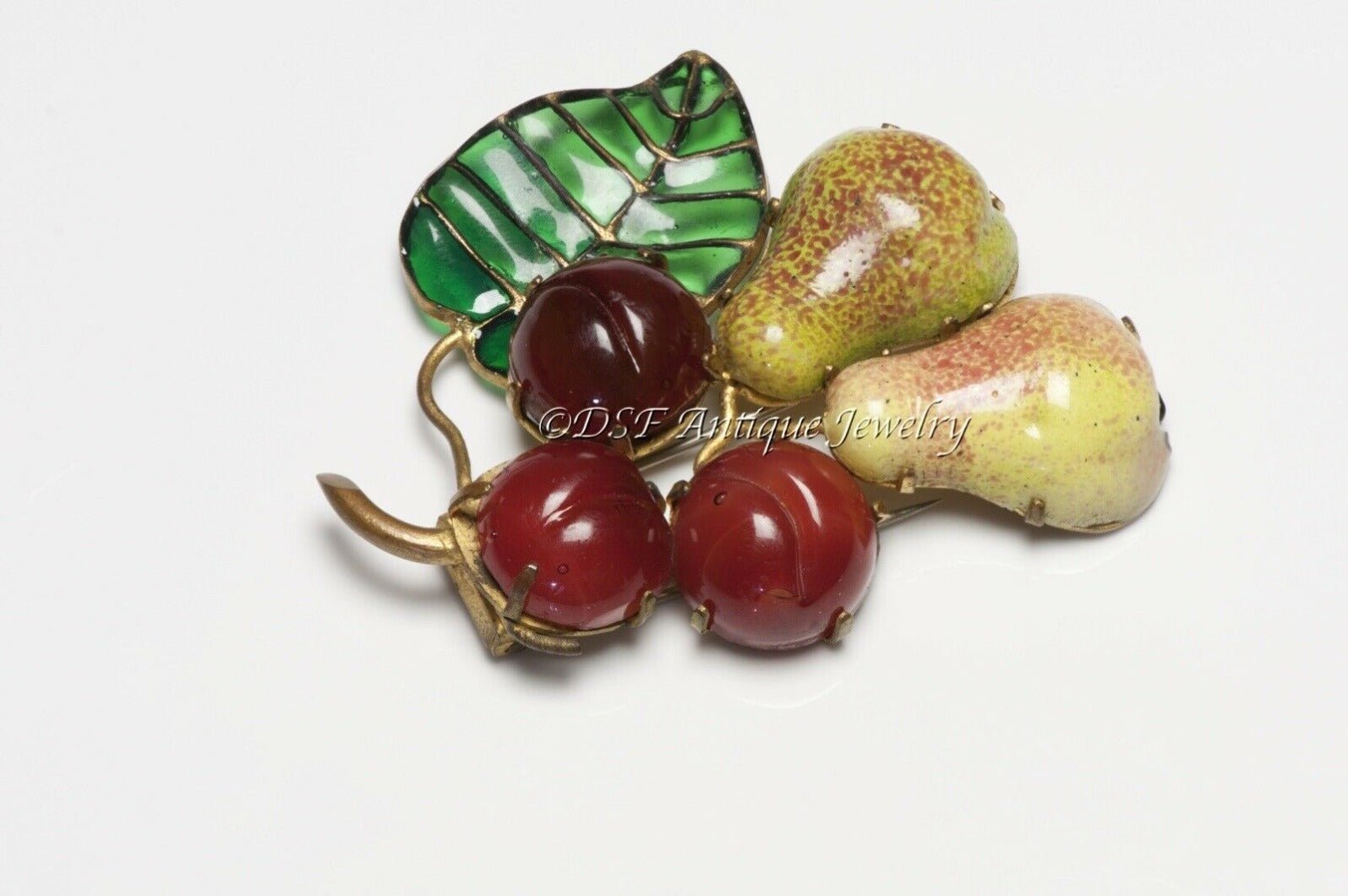 Roger Jean-Pierre Paris 1950’s Green Red Poured Glass Pear Cherry Fruit Brooch