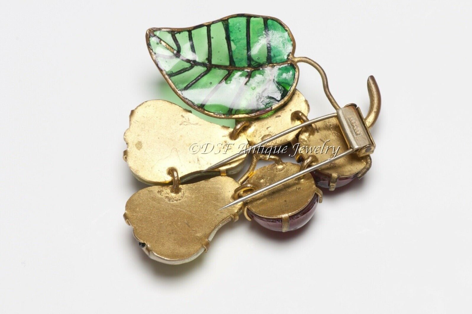 Roger Jean-Pierre Paris 1950’s Green Red Poured Glass Pear Cherry Fruit Brooch