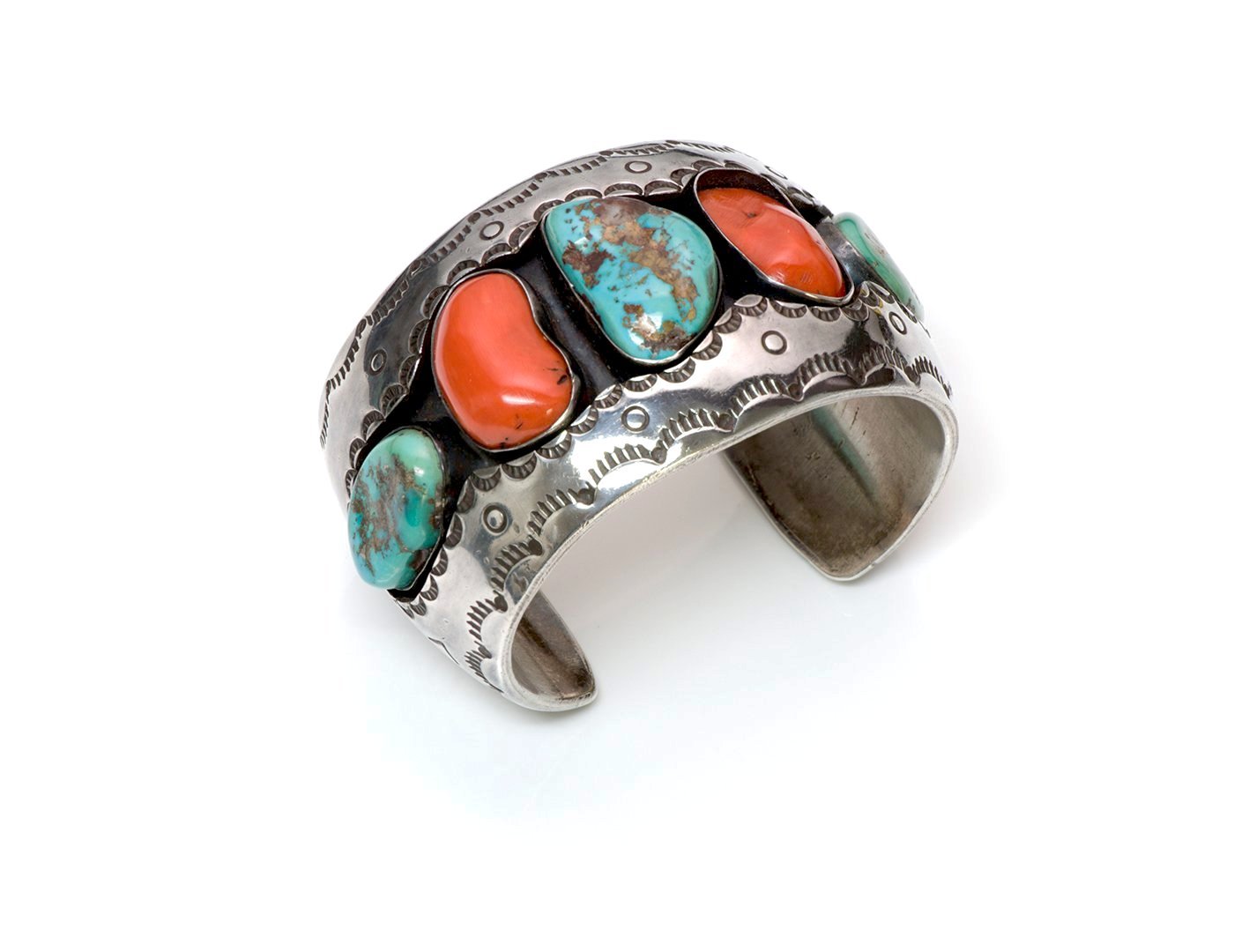 Roger Lewis American Indian Navajo Silver Coral Turquoise Cuff Bracelet