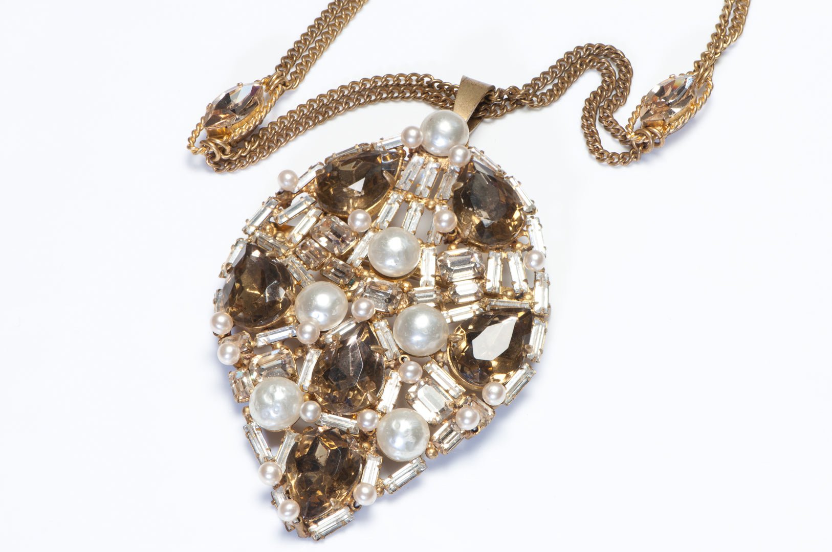 Roger Scemama 1960’s Yves Saint Laurent Brown Crystal Pearl Brooch Necklace