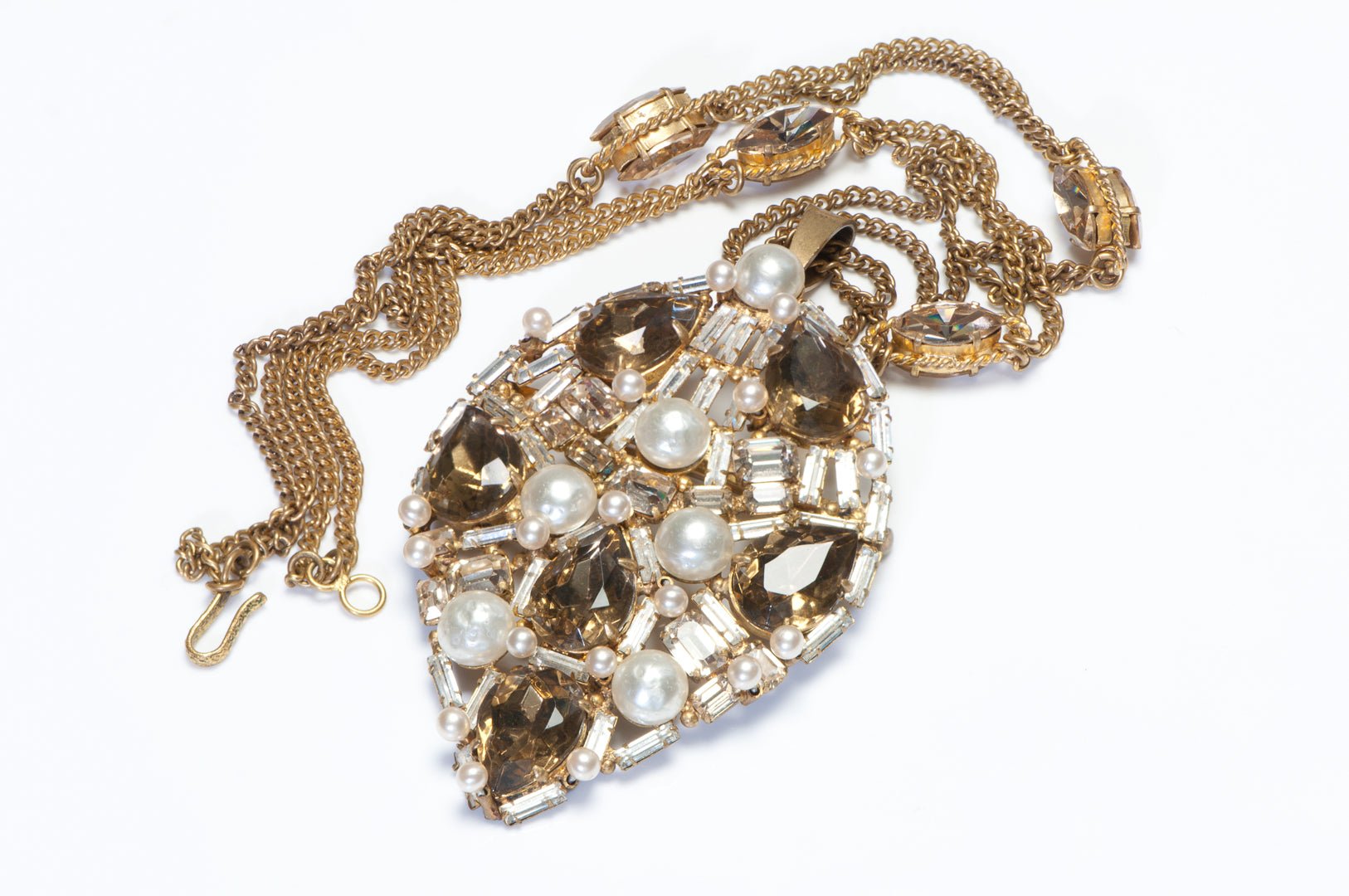 Roger Scemama 1960’s Yves Saint Laurent Brown Crystal Pearl Brooch Necklace