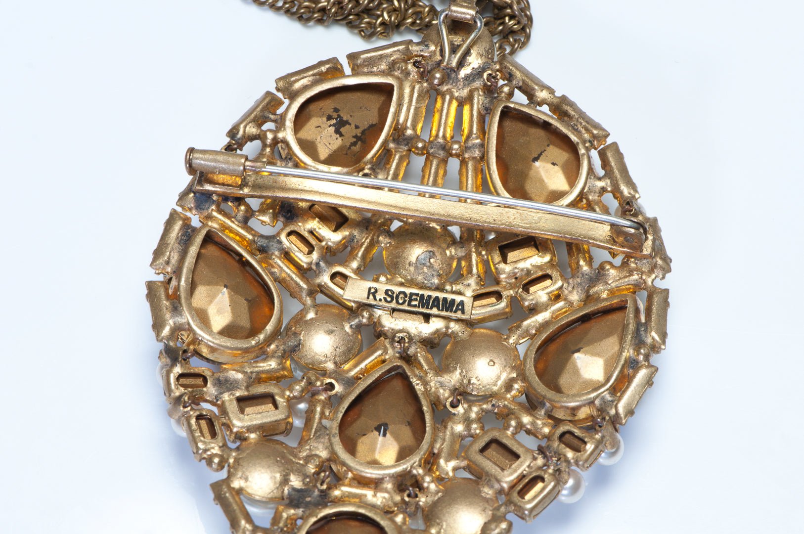 Roger Scemama 1960’s Yves Saint Laurent Brown Crystal Pearl Brooch Necklace