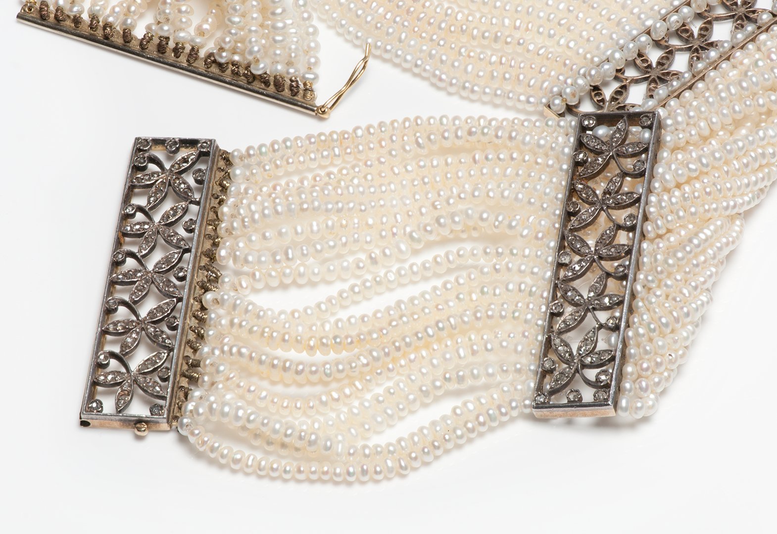 Romantic Edwardian Gold Silver Rose Cut Diamond Multi Strand Choker