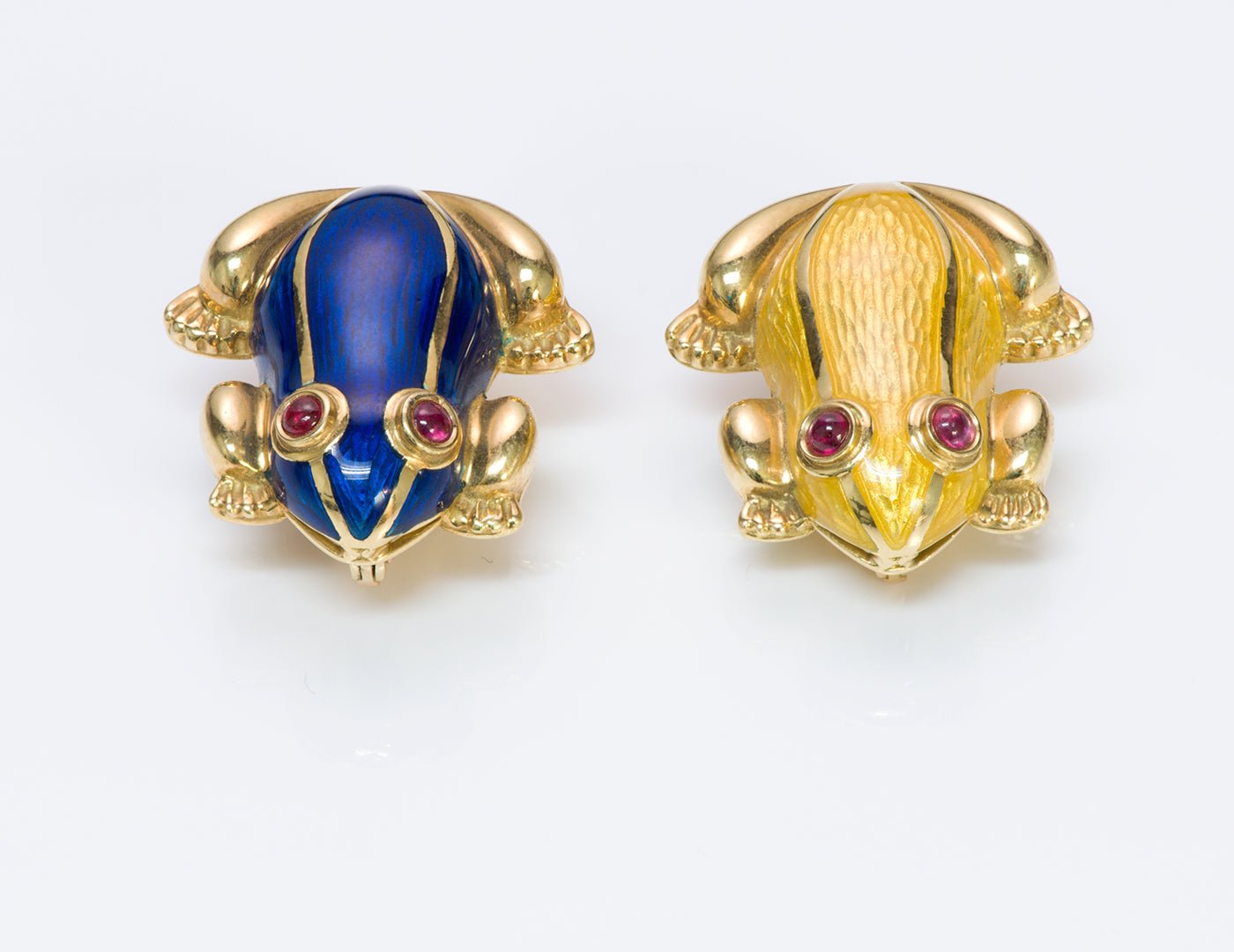 Ruby 18K Gold Enamel Pair Frogs Brooch Pin