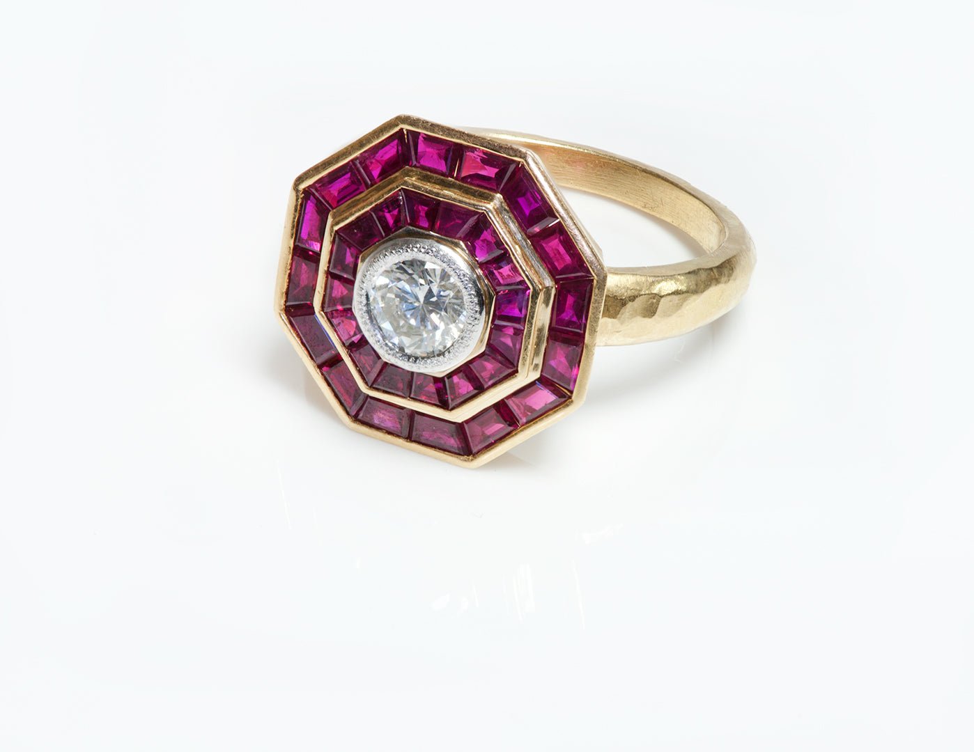 Ruby Diamond Hammered 18K Yellow Gold Ring