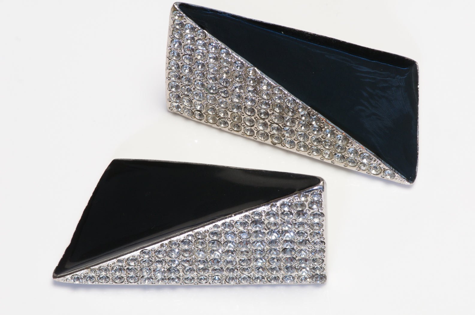Saint Laurent Paris Black Enamel Silver Tone Crystal Geometric Earrings