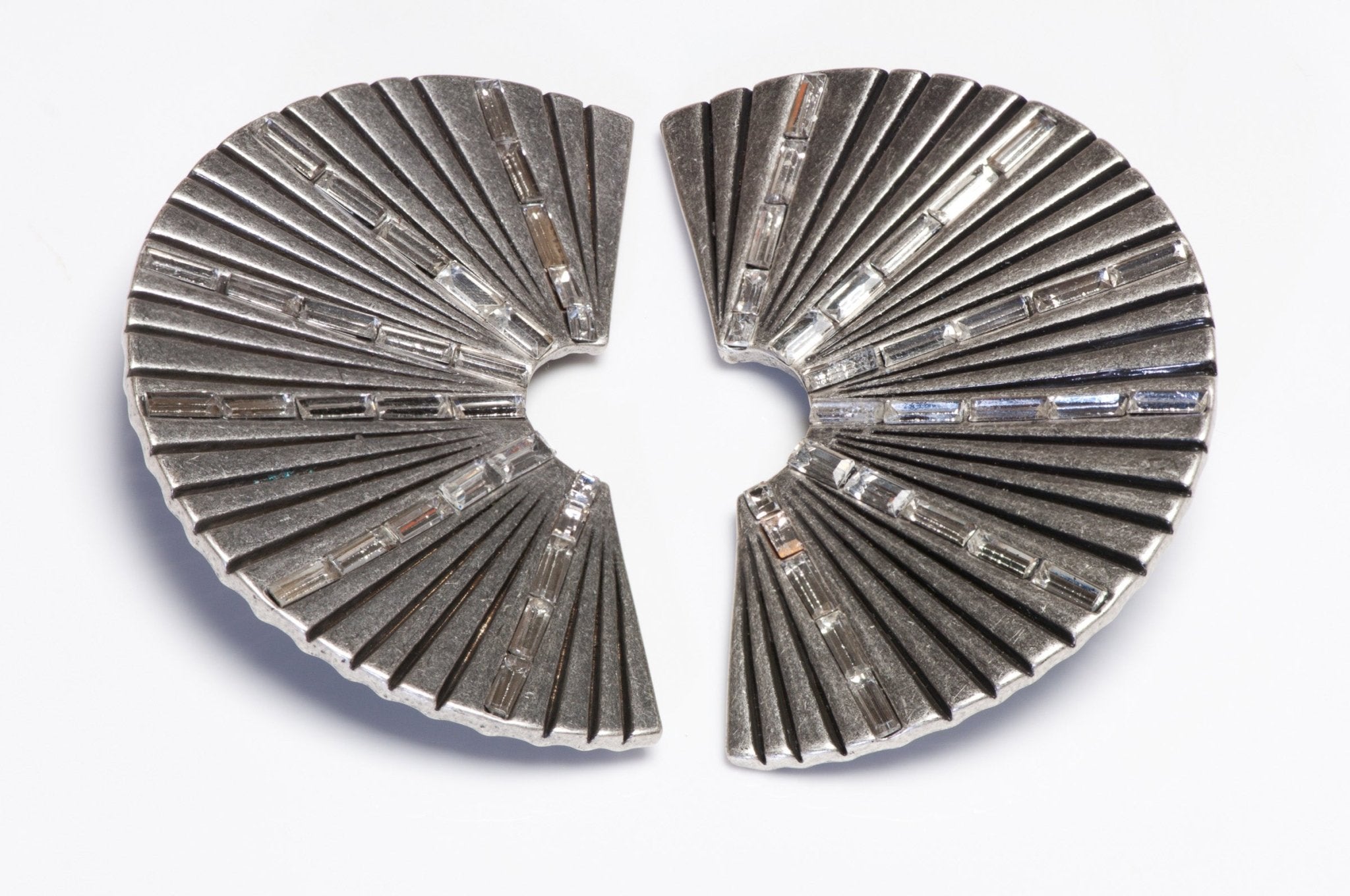 Saint Laurent Paris Silver Tone Crystal Large Fan Earrings