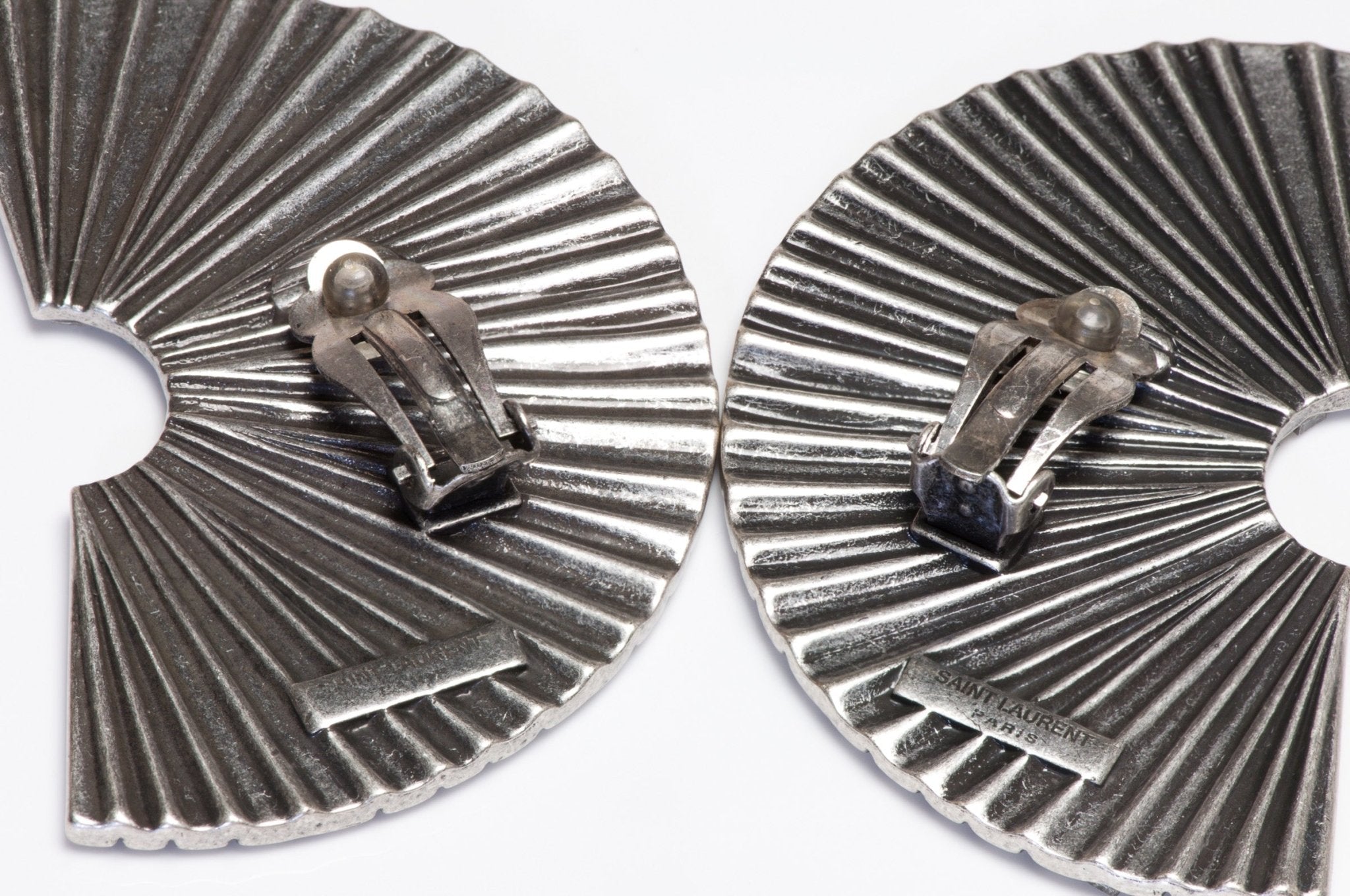 Saint Laurent Paris Silver Tone Crystal Large Fan Earrings