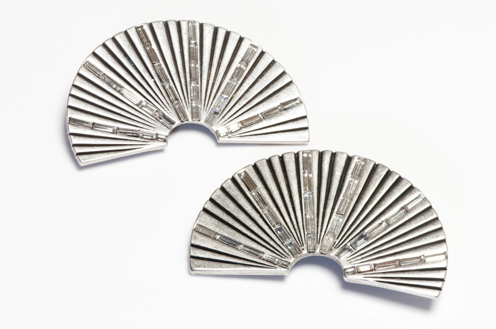 Saint Laurent Paris Silver Tone Crystal Large Fan Earrings
