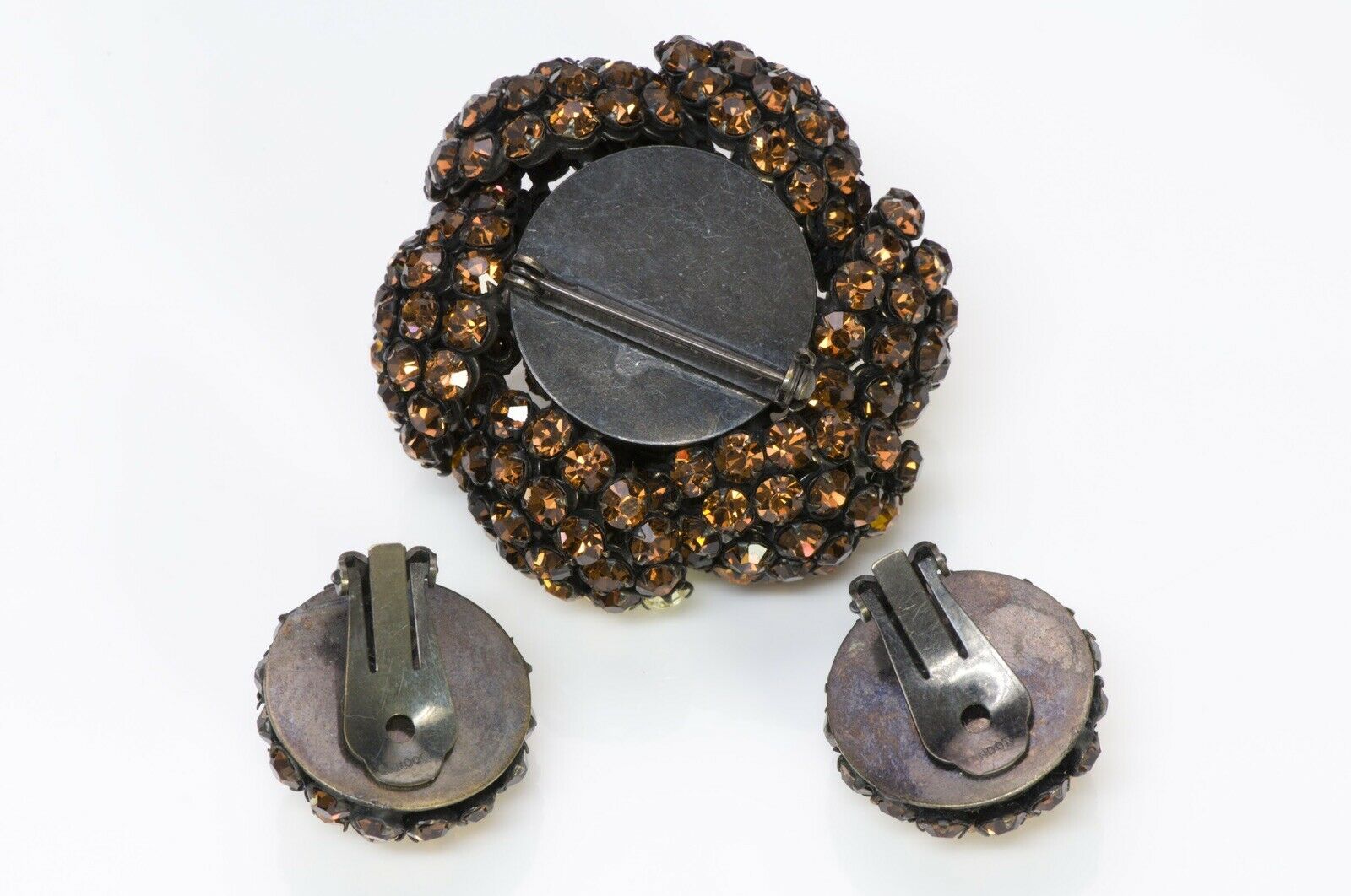 SANDOR Yellow Brown Crystal Flower Brooch Earrings