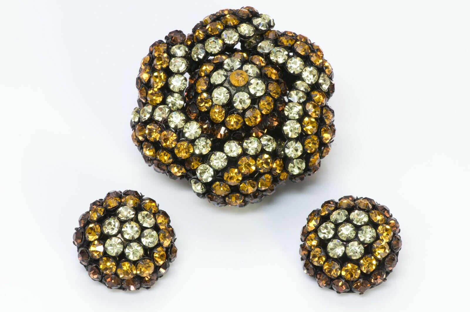 SANDOR Yellow Brown Crystal Flower Brooch Earrings