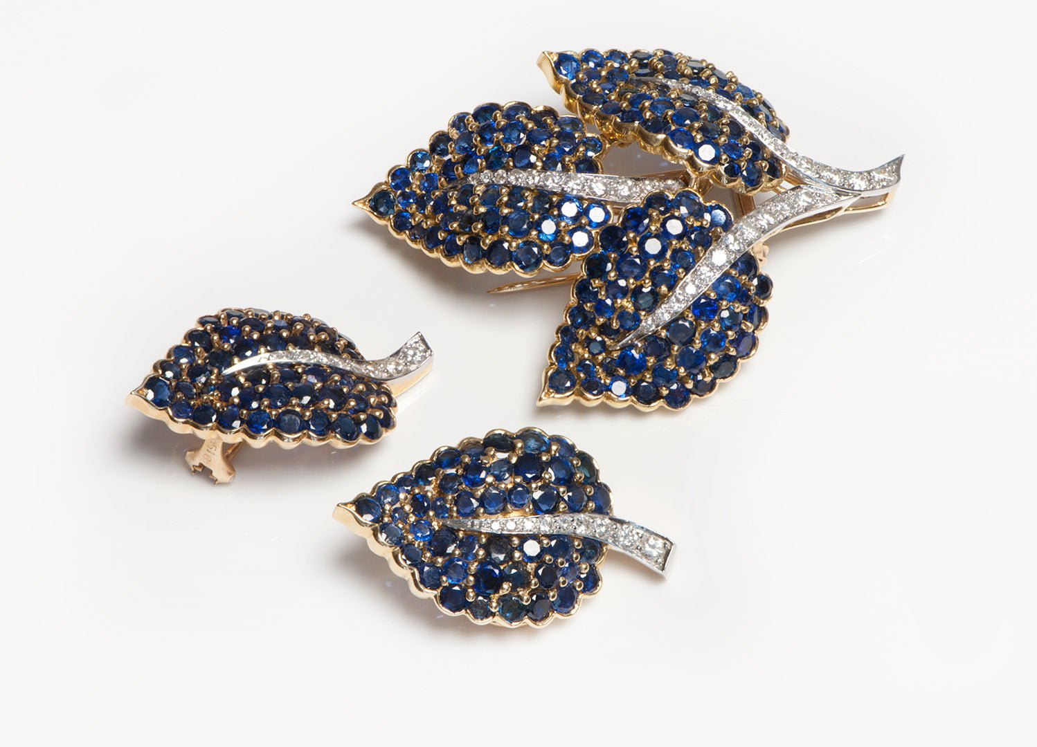 Sapphire Diamond Gold Leaf Earrings Brooch Set