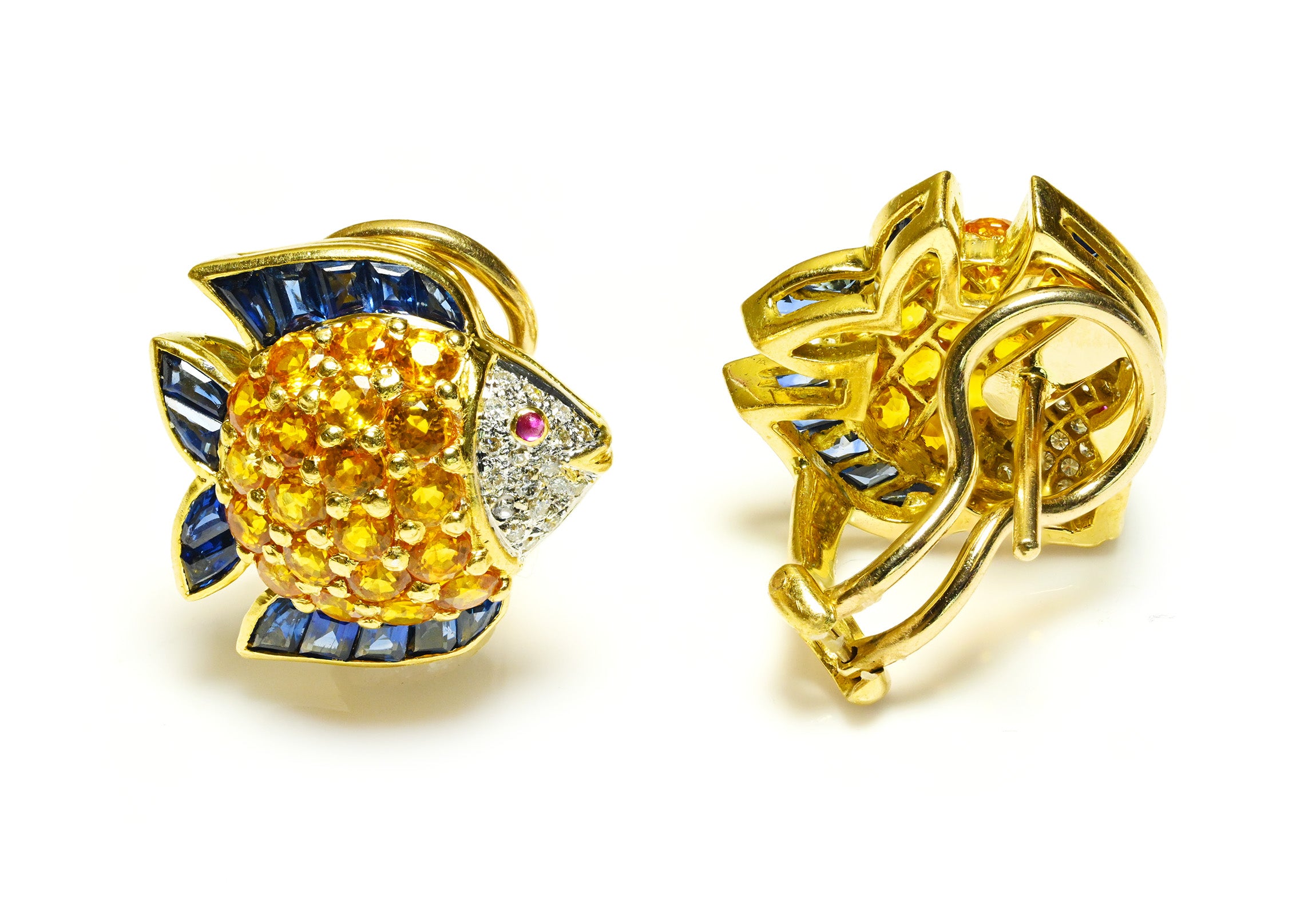 Blue and Yellow Sapphire Diamond and Ruby 18K Gold Fish Earrings