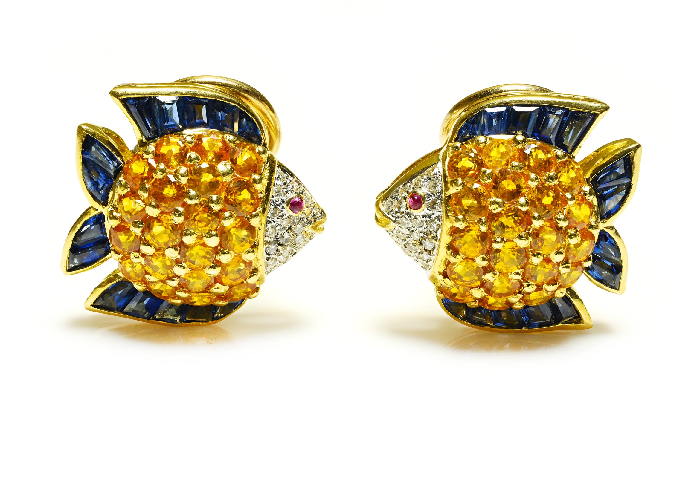 Blue and Yellow Sapphire Diamond Ruby 18K Gold Fish Earrings