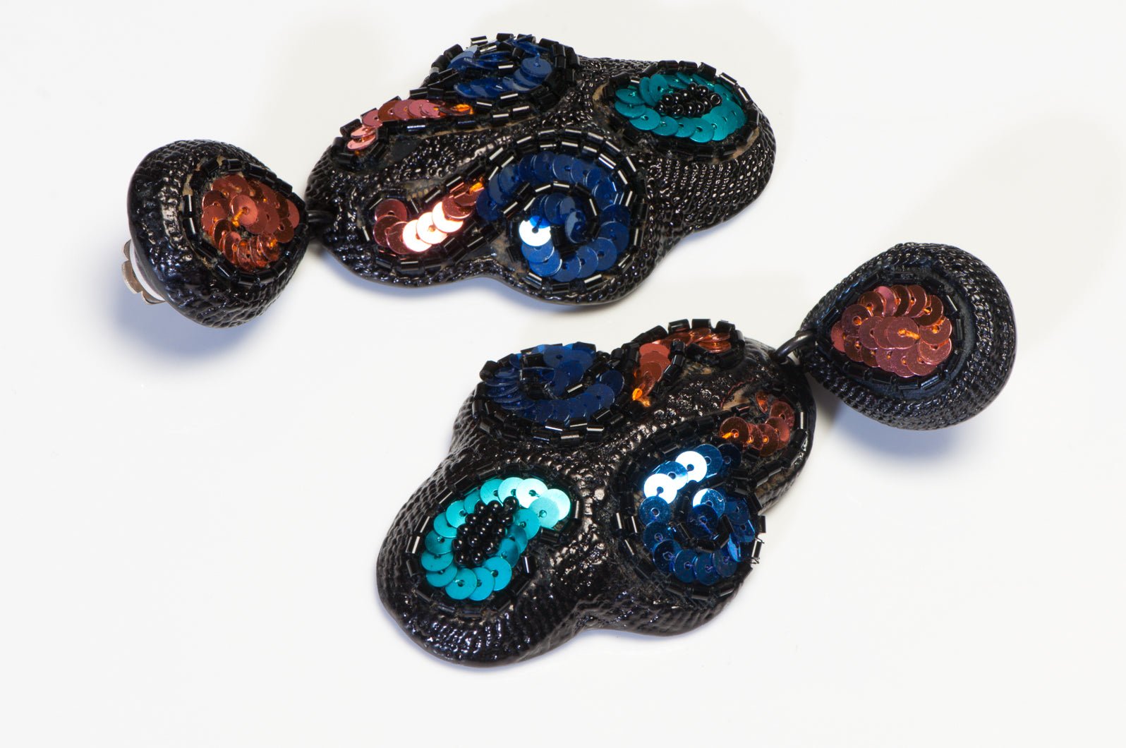 Satellite Paris Long Black Blue Green Pink Sequins Paisley Earrings
