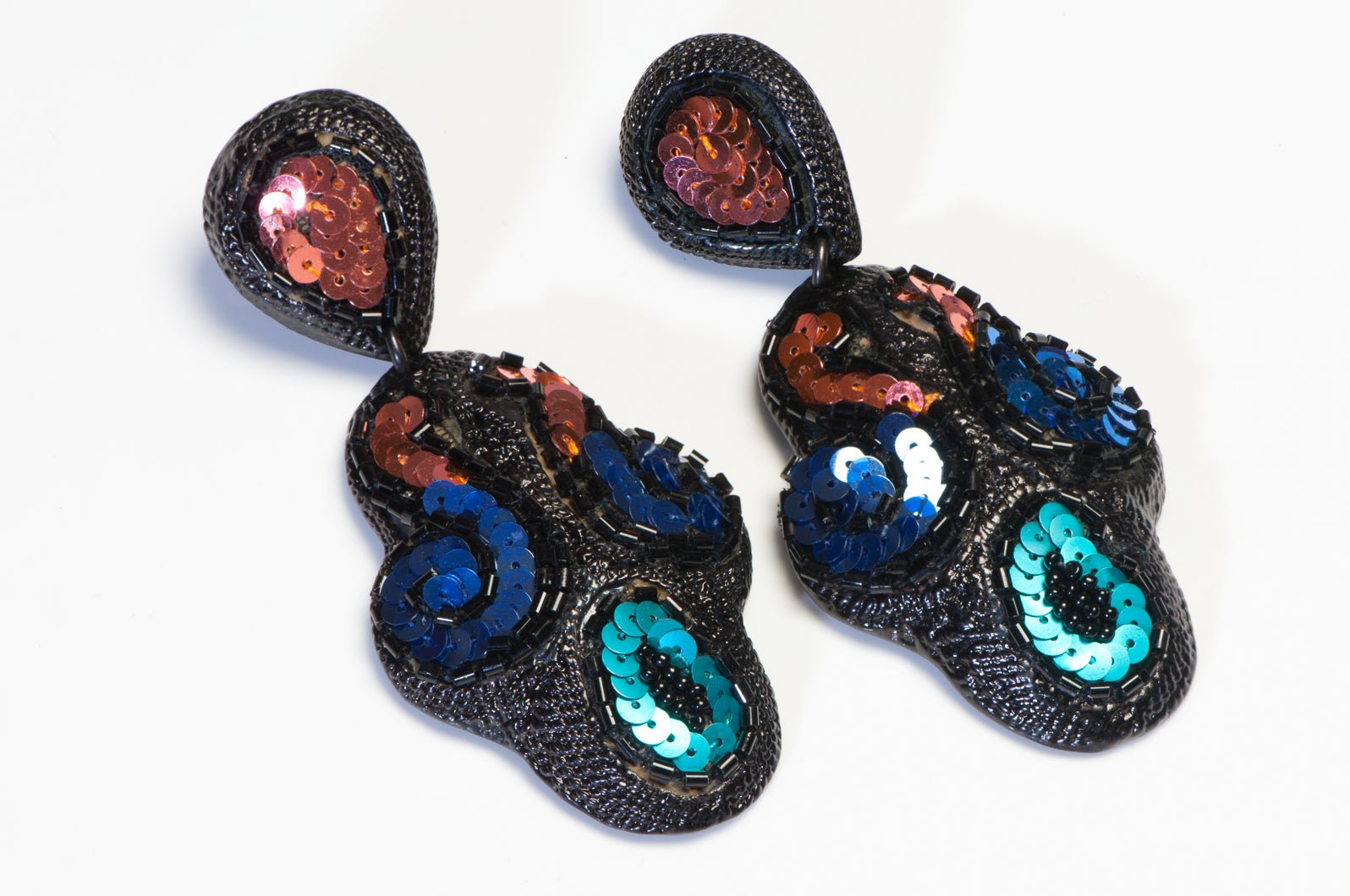 Satellite Paris Long Black Blue Green Pink Sequins Paisley Earrings