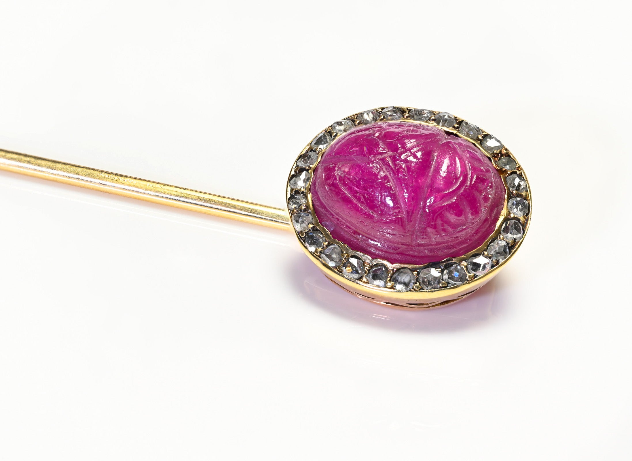 Antique Gold Carved Ruby Scarab Diamond Stick Pin