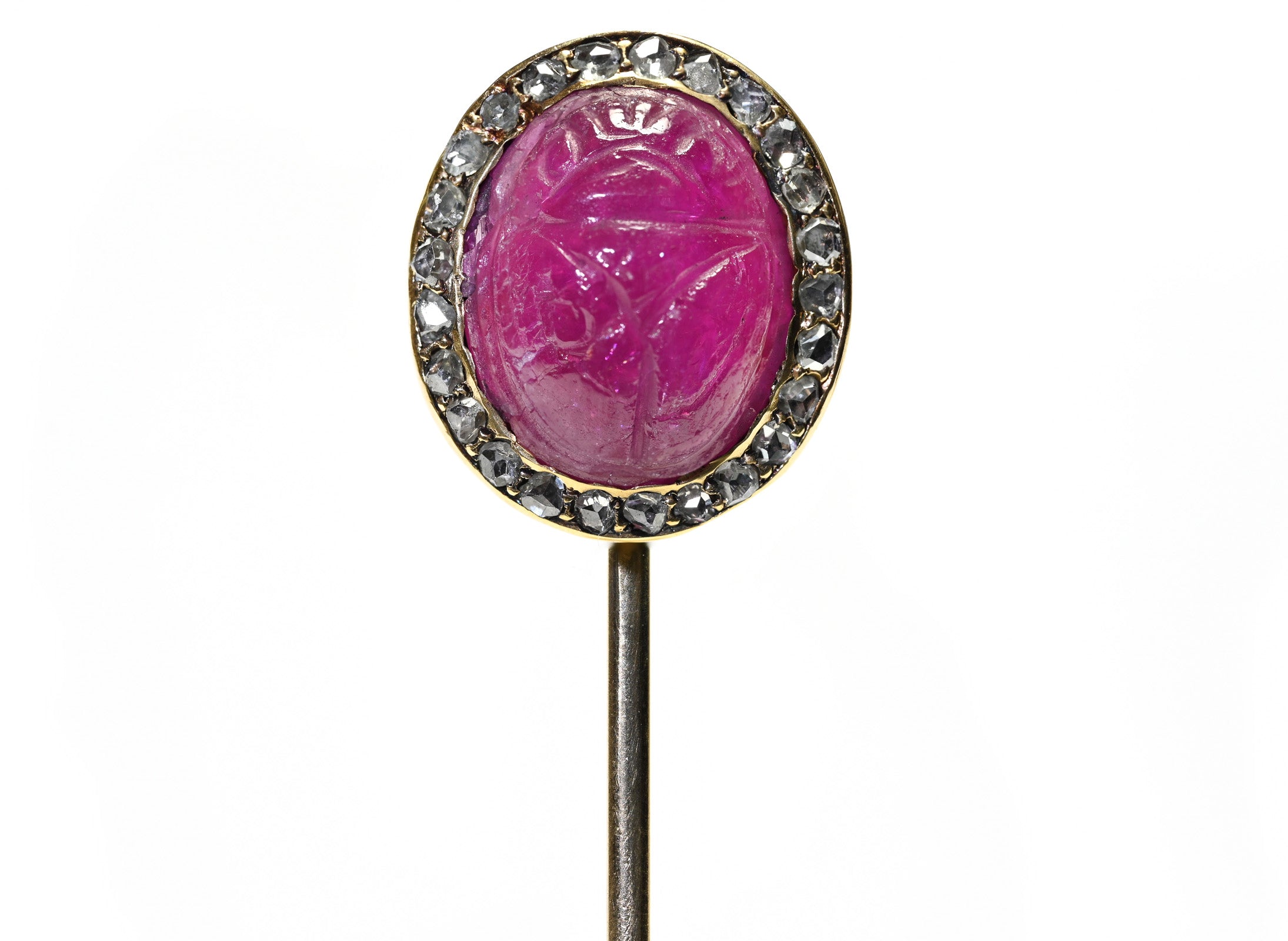 Antique Gold Carved Ruby Scarab Diamond Stick Pin