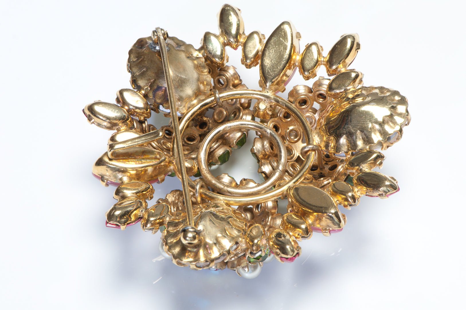 Schreiner 1960’s Pink Green Crystal Aurora Borealis Pearl Flower Pendant Brooch