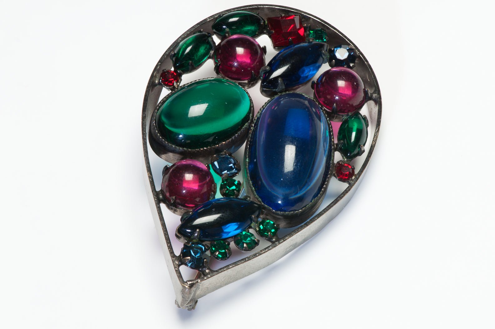 Schreiner New York 1950’s Blue Green Pink Cabochon Red Crystal Teardrop Brooch
