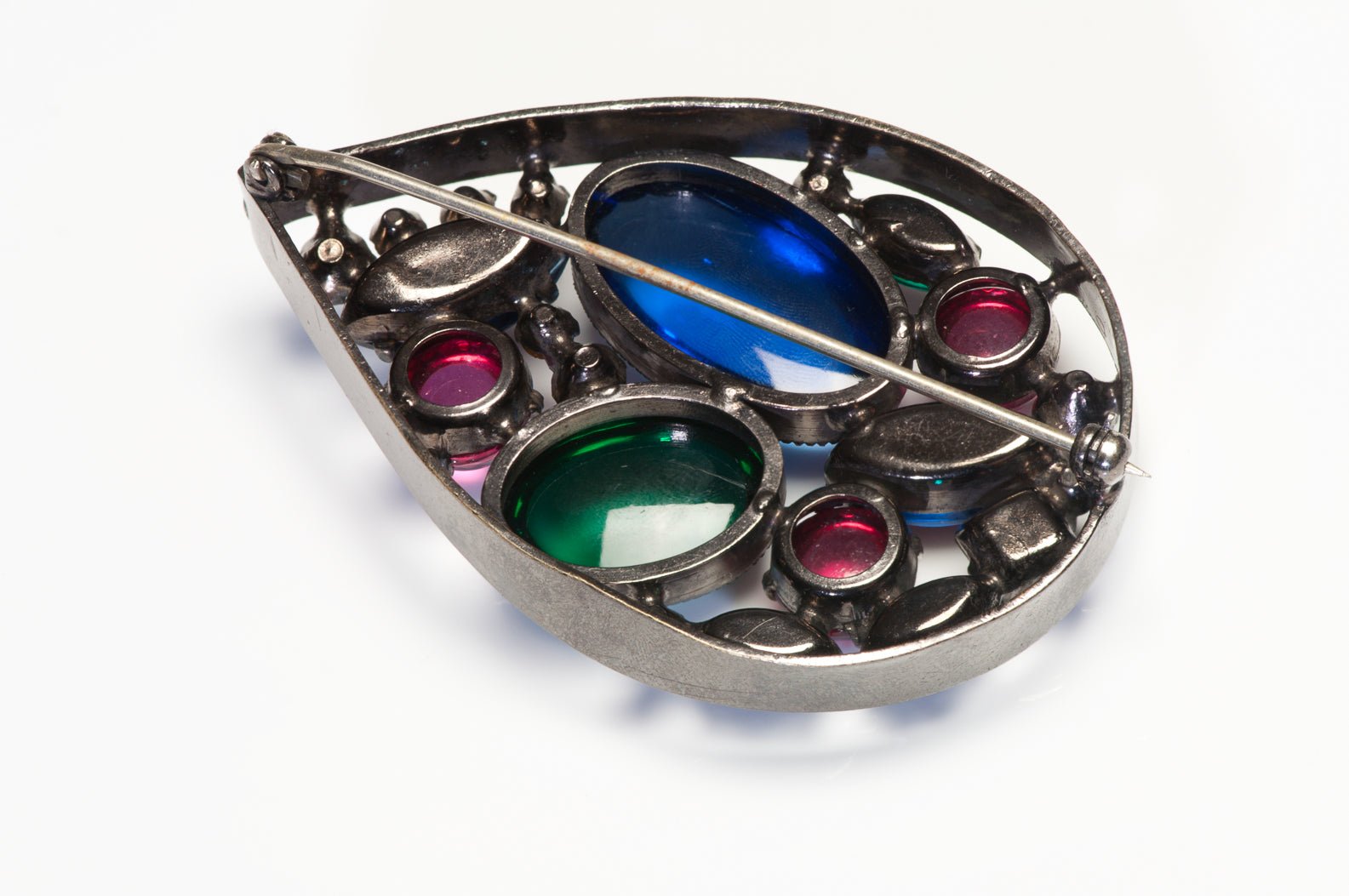 Schreiner New York 1950’s Blue Green Pink Cabochon Red Crystal Teardrop Brooch