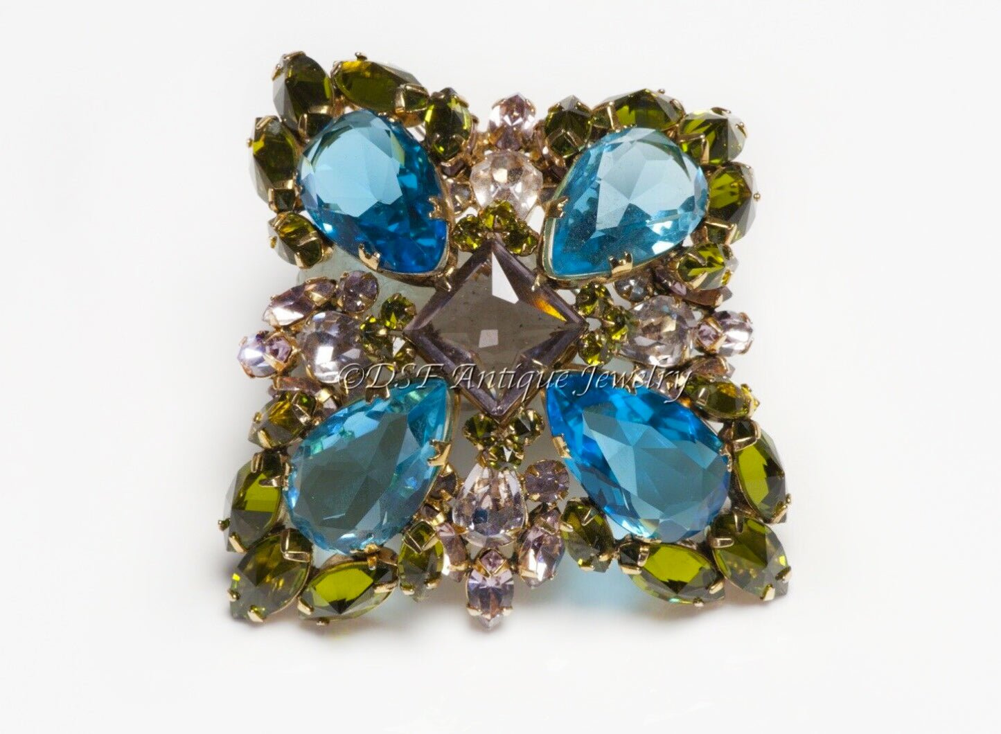 SCHREINER New York 1950’s Blue Green Pink Crystal Flower Brooch