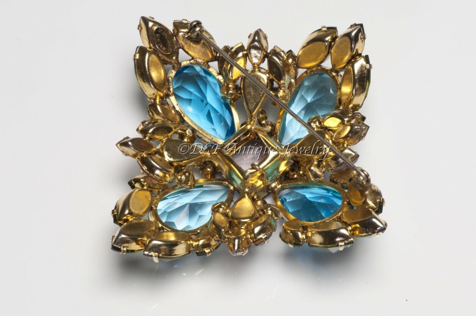 SCHREINER New York 1950’s Blue Green Pink Crystal Flower Brooch