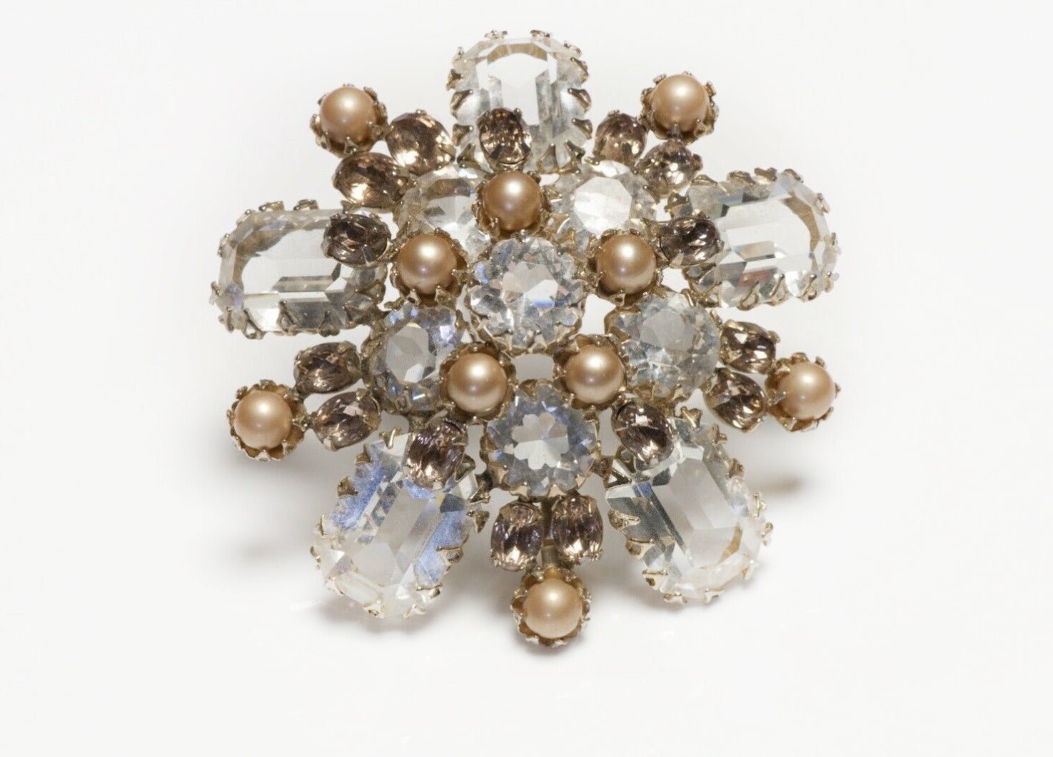 Schreiner New York 1950’s Brown Faux Pearl Crystal Flower Pendant Brooch