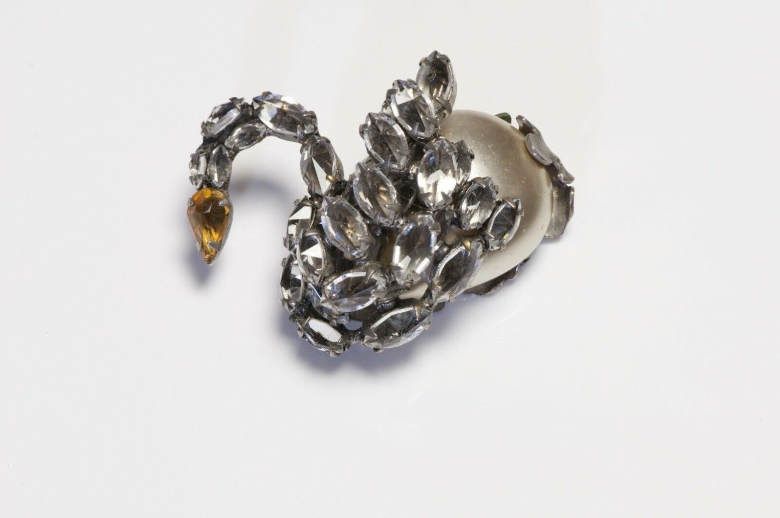 Schreiner New York 1950’s Faux Pearl Crystal Swan Brooch