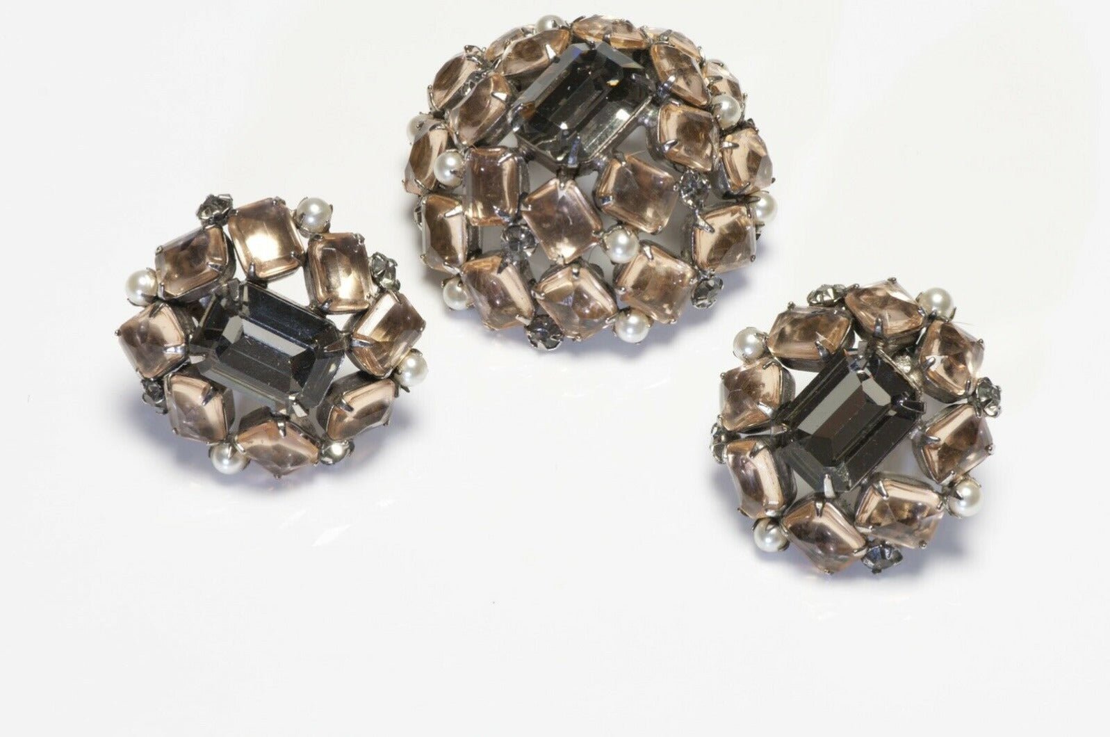 SCHREINER New York 1950’s Gray Brown Crystal Faux Pearl Brooch Earrings Set