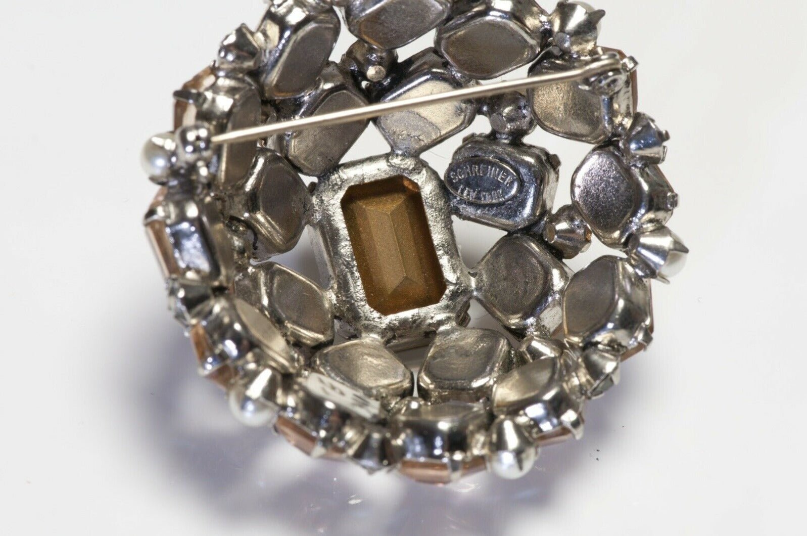 SCHREINER New York 1950’s Gray Brown Crystal Faux Pearl Brooch Earrings Set
